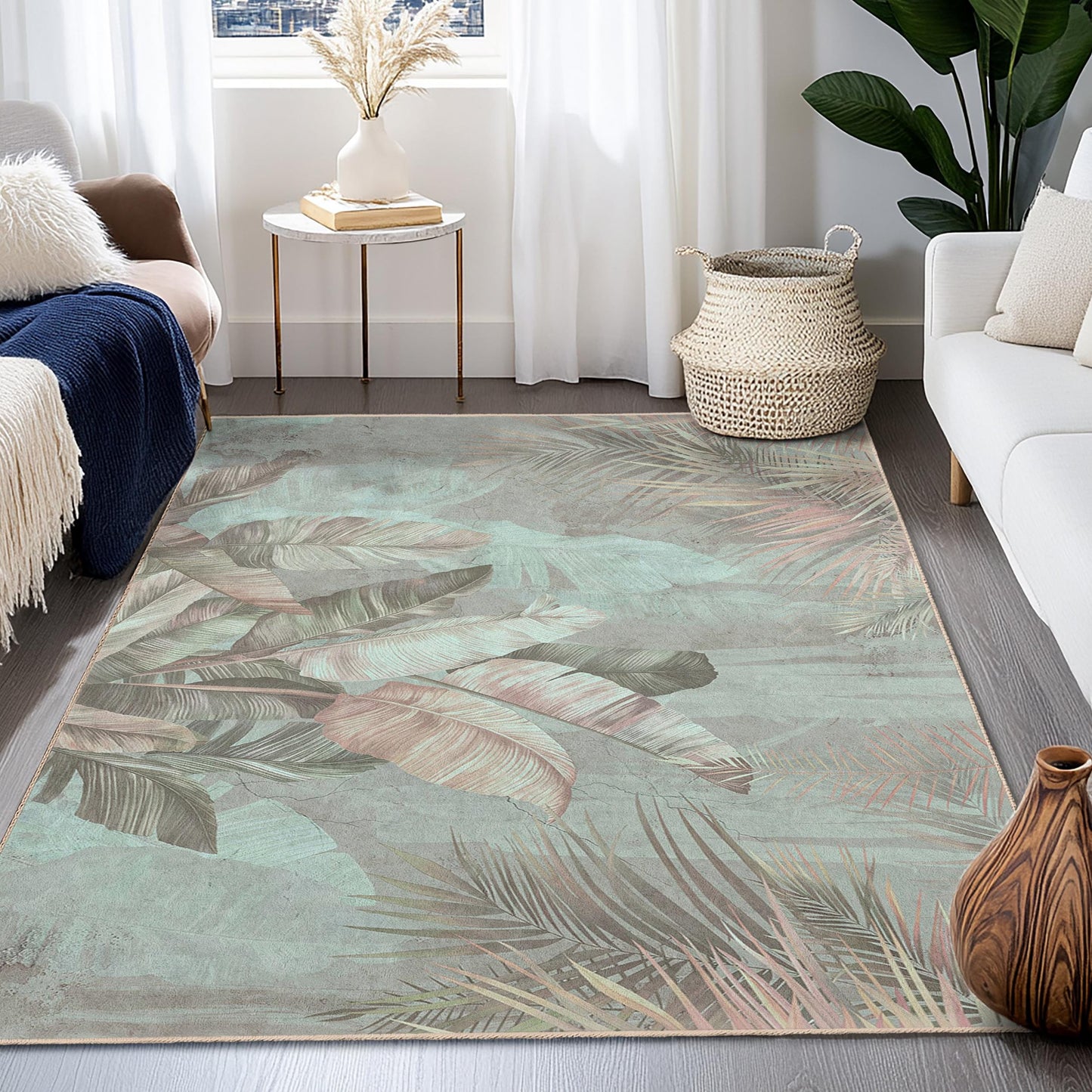Botanical Leaf Design Rectangular Rug | Soft Cotton Floor Carpet | Stylish Home Decor | Tropical Indoor Area Rug