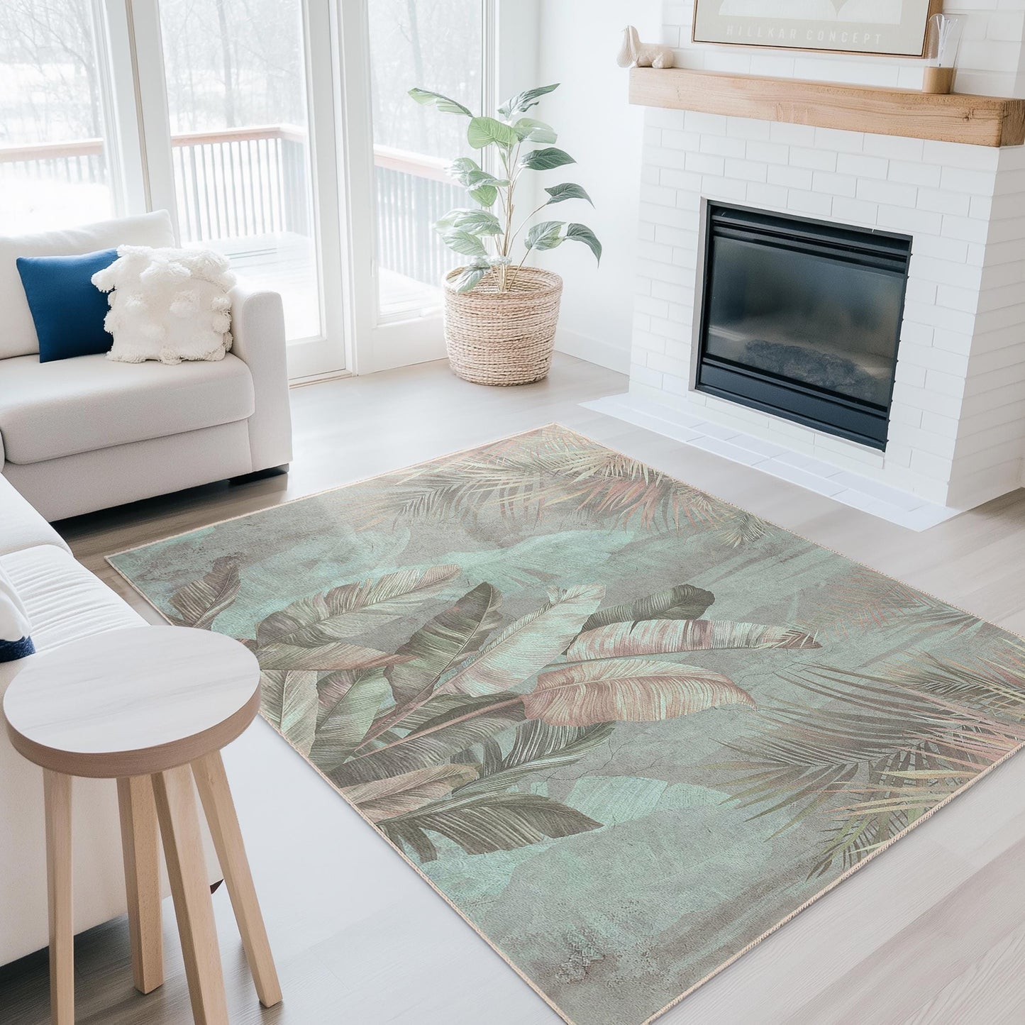Botanical Leaf Design Rectangular Rug | Soft Cotton Floor Carpet | Stylish Home Decor | Tropical Indoor Area Rug