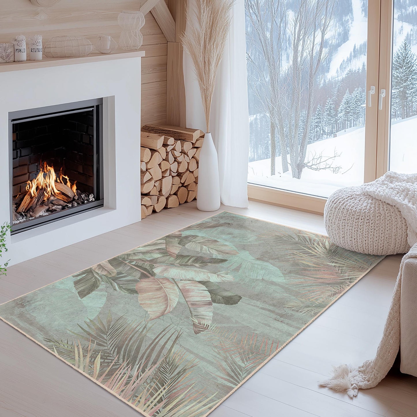Botanical Leaf Design Rectangular Rug | Soft Cotton Floor Carpet | Stylish Home Decor | Tropical Indoor Area Rug