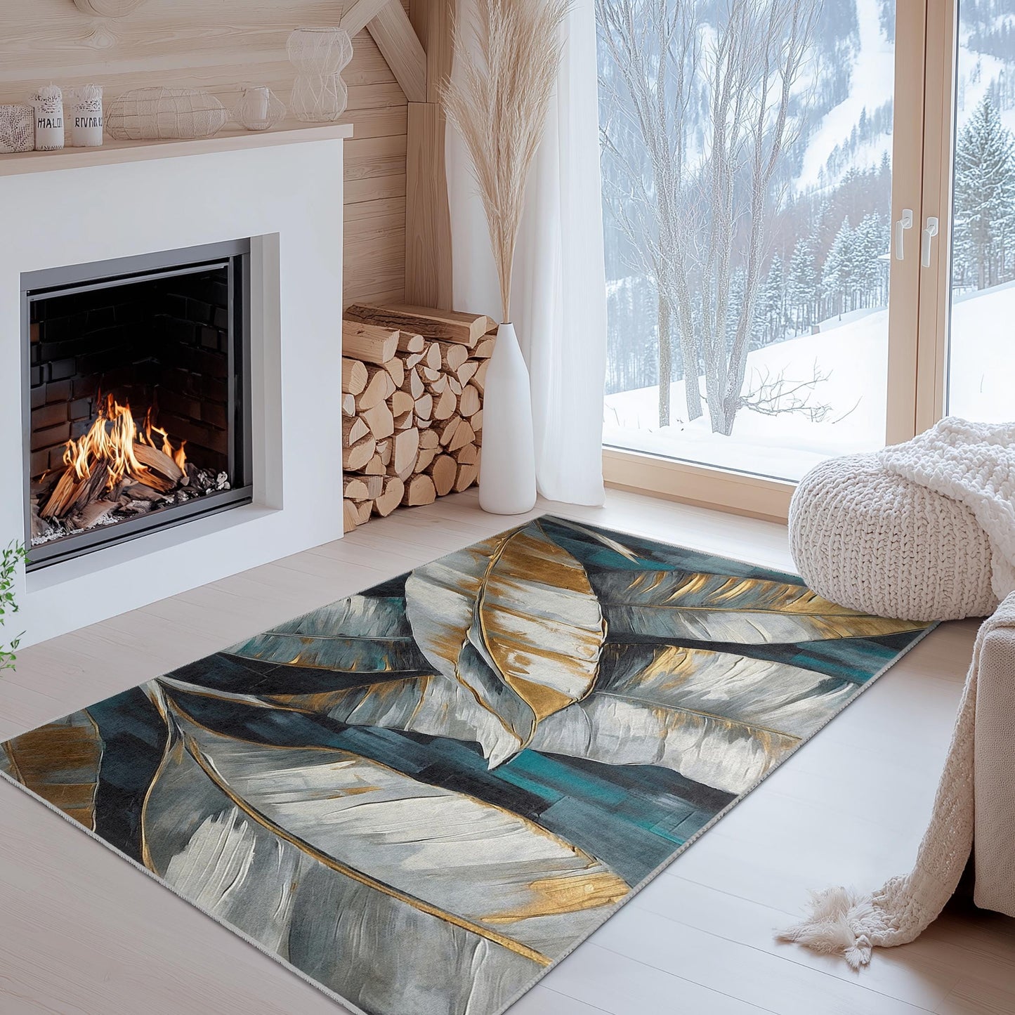 Gold Leaf Design Rectangular Area Rug | Elegant Monochrome Leaf Carpet | Modern Home Decor | Stylish Living Room Mat
