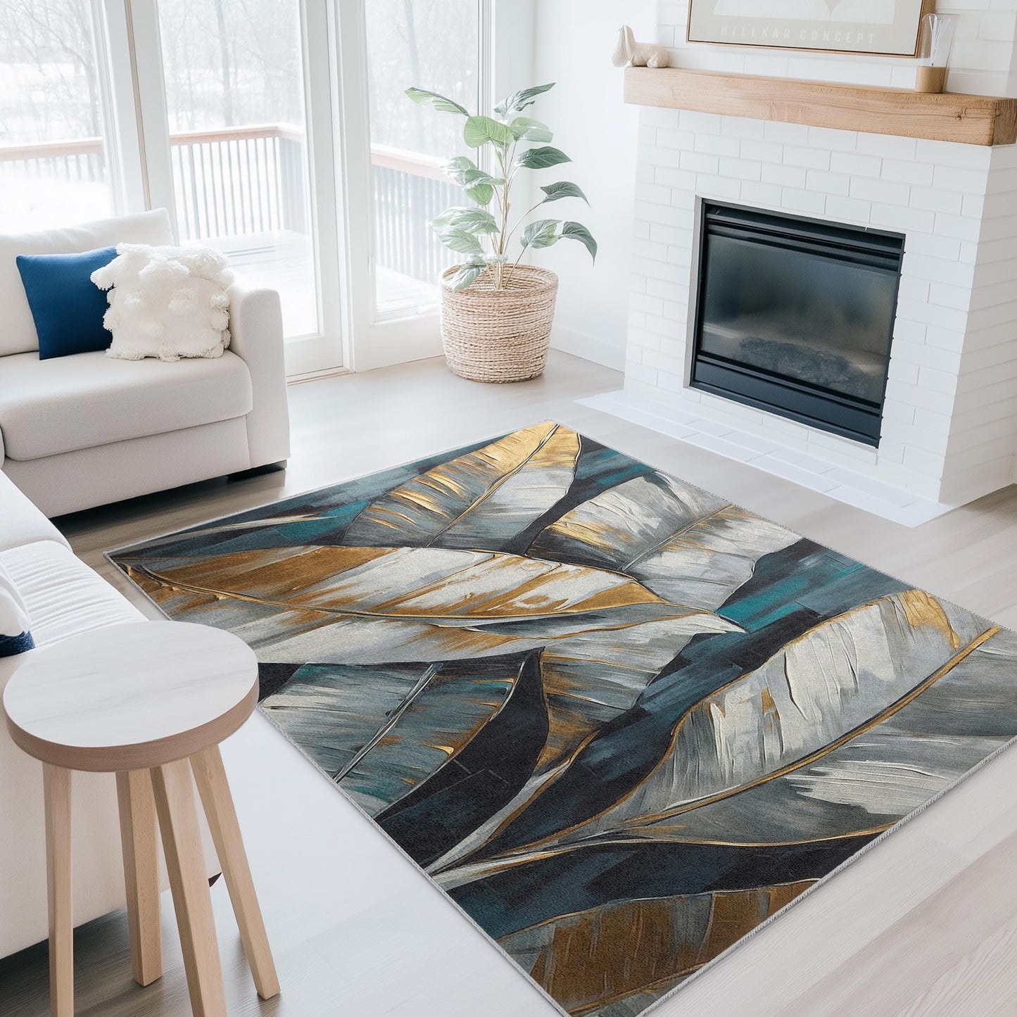 Gold Leaf Design Rectangular Area Rug | Elegant Monochrome Leaf Carpet | Modern Home Decor | Stylish Living Room Mat