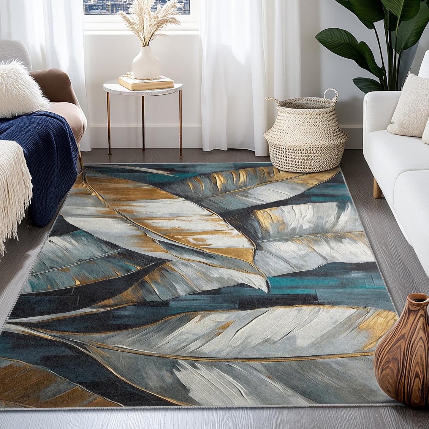 Gold Leaf Design Rectangular Area Rug | Elegant Monochrome Leaf Carpet | Modern Home Decor | Stylish Living Room Mat