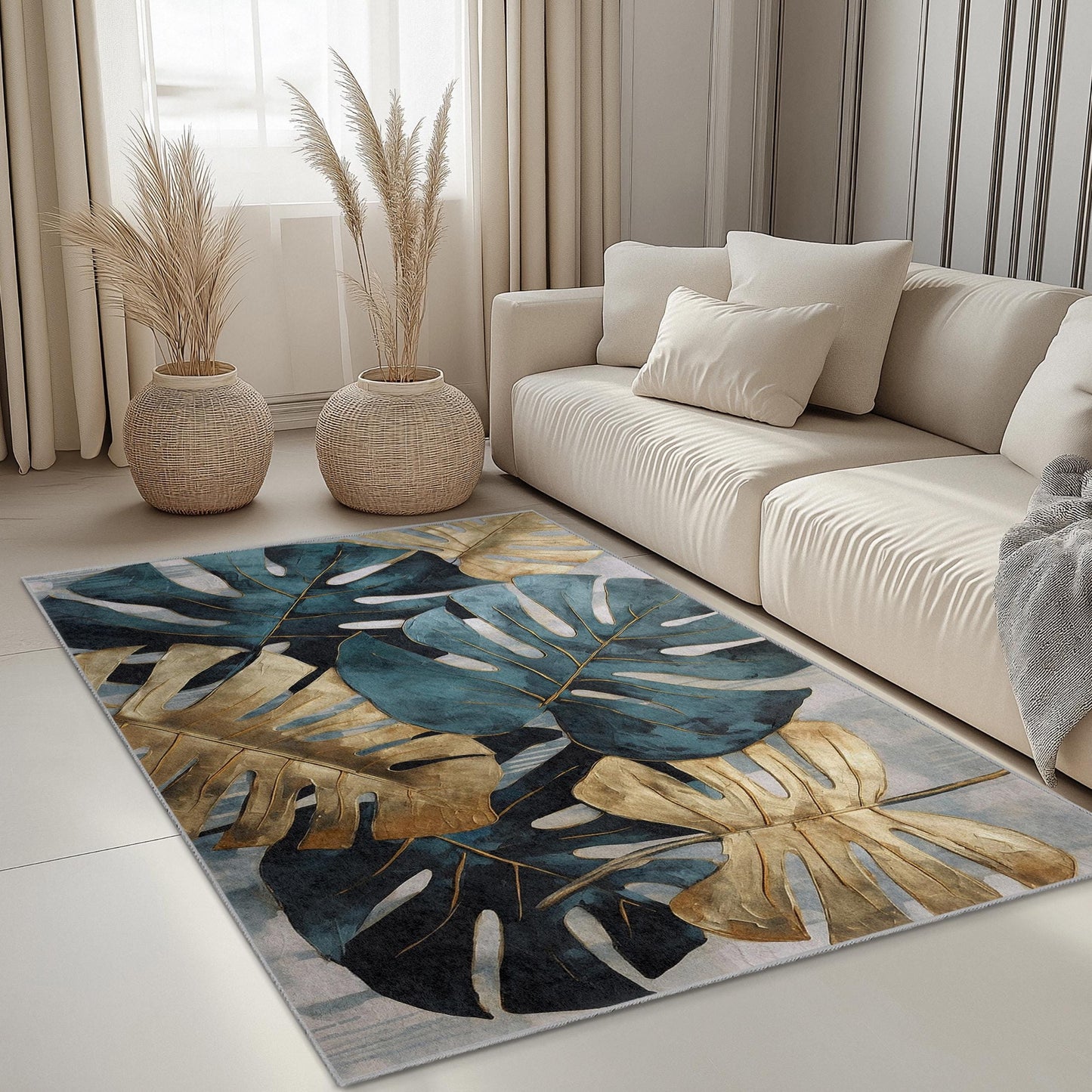 Tropical Monstera Leaves Rectangular Area Rug | Elegant Gold and Teal Leaf Design | Modern Living Room Carpet | Stylish Home Decor