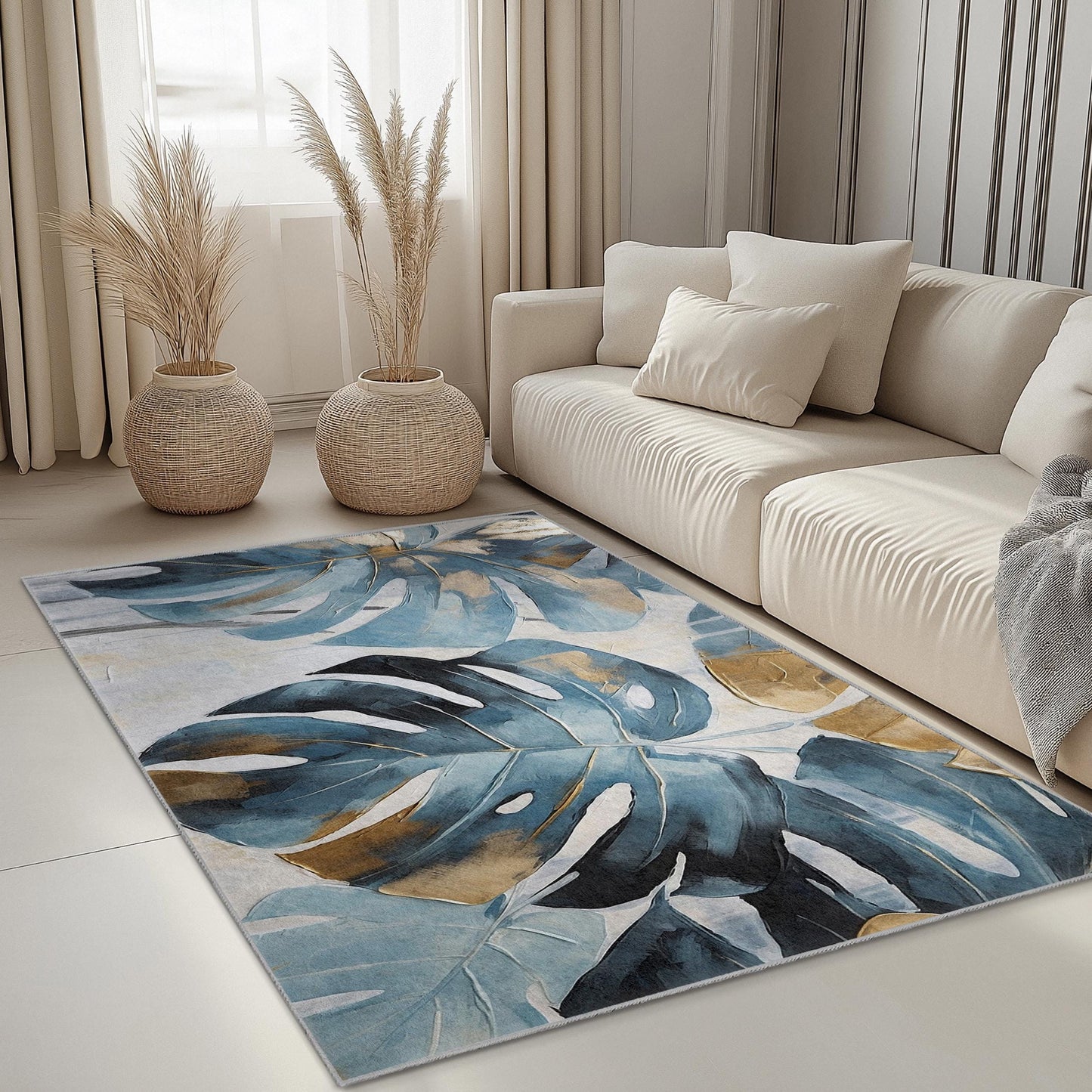 Monstera Leaf Design Rectangular Area Rug | Tropical Botanical Carpet | Soft and Stylish Home Decor | Machine Washable Floor Mat