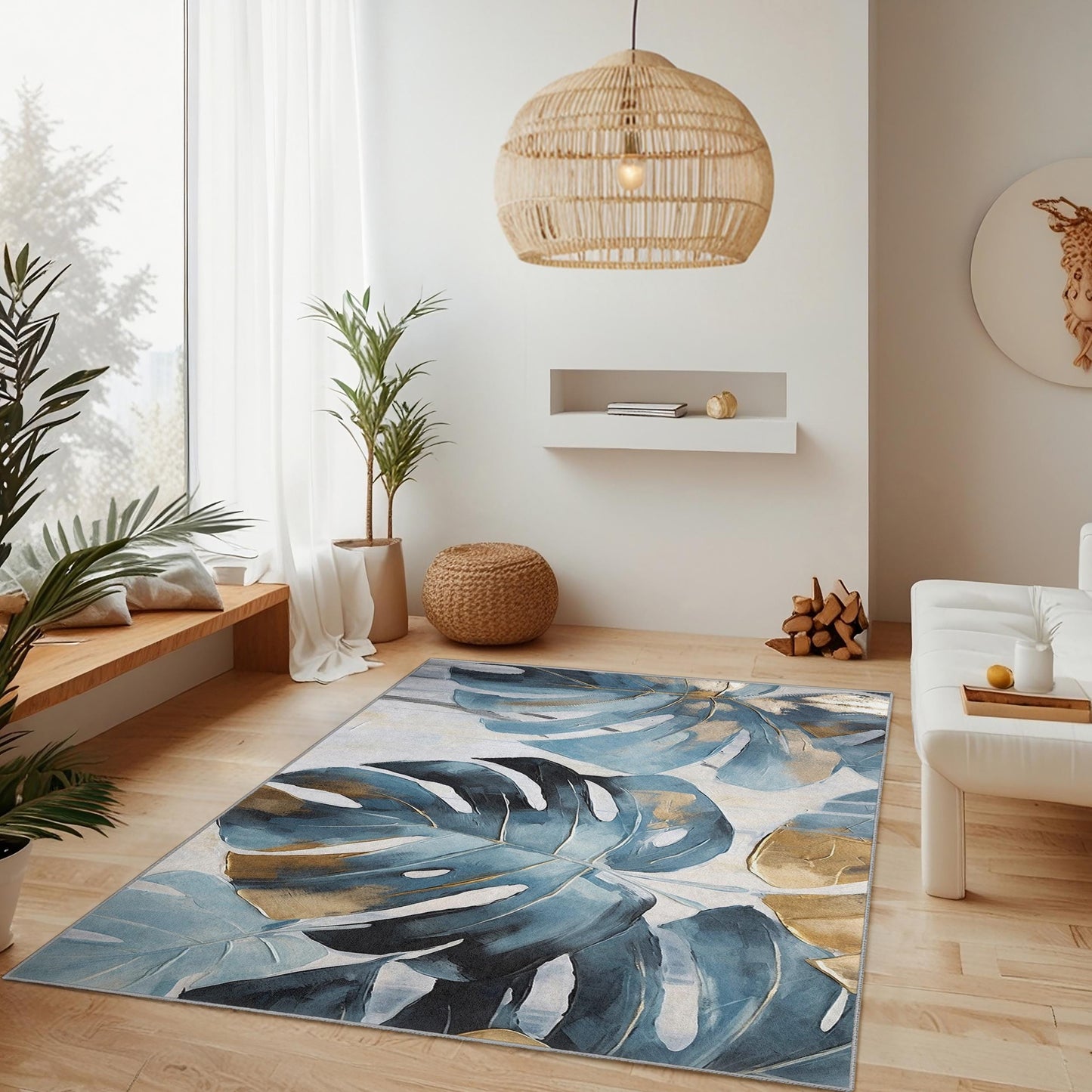 Monstera Leaf Design Rectangular Area Rug | Tropical Botanical Carpet | Soft and Stylish Home Decor | Machine Washable Floor Mat