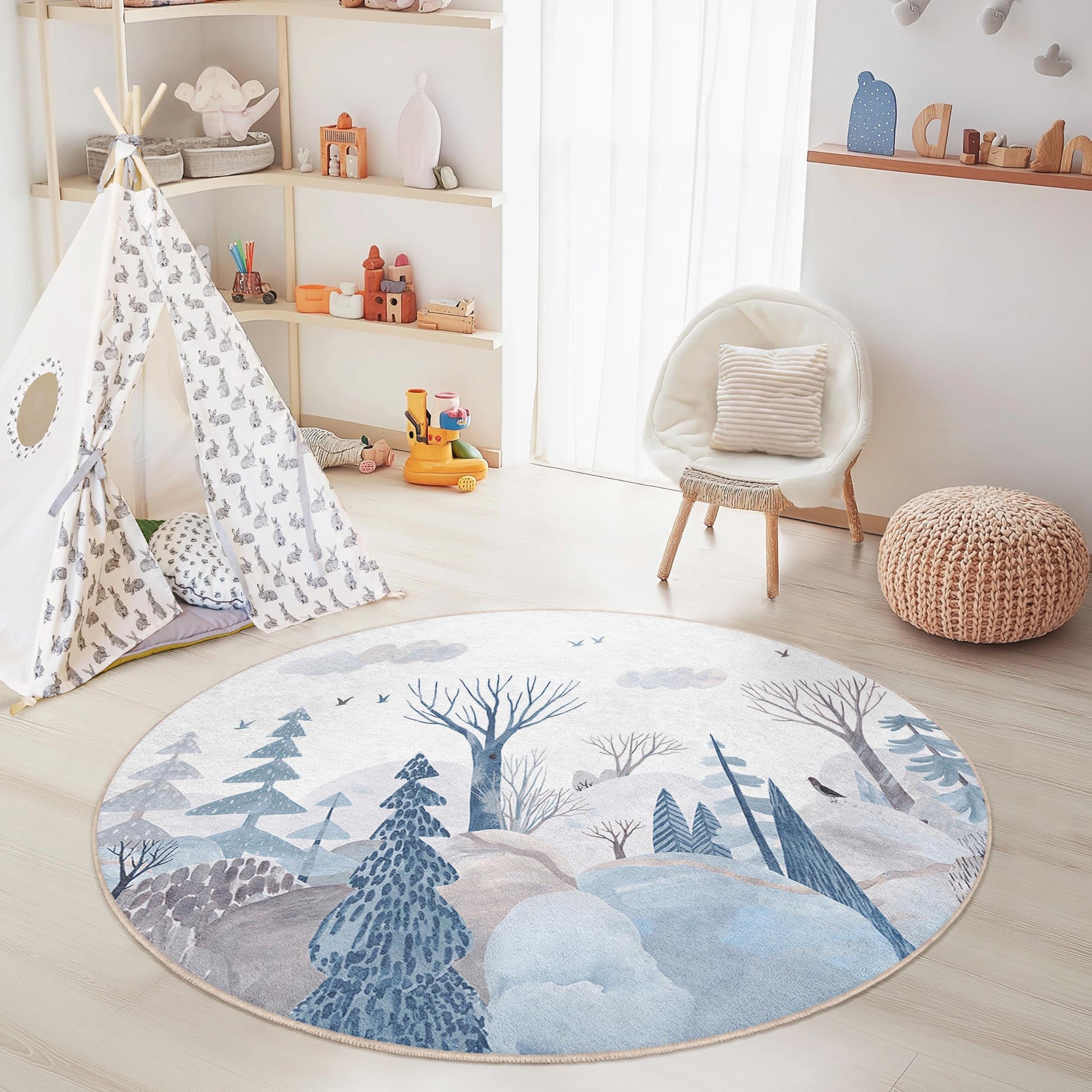 Winter Wonderland Round Kids Rug, Cozy Forest Rug for Nursery, Soft Children's Rug, Nature Inspired Play Mat, Kids Room Decor