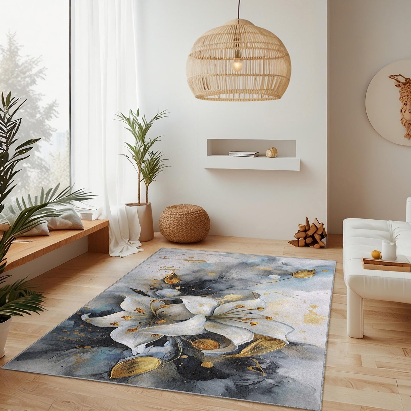 Elegant Floral Rectangular Area Rug | Luxurious White Lily Design | Modern Home Decor Carpet | Soft and Washable Rug