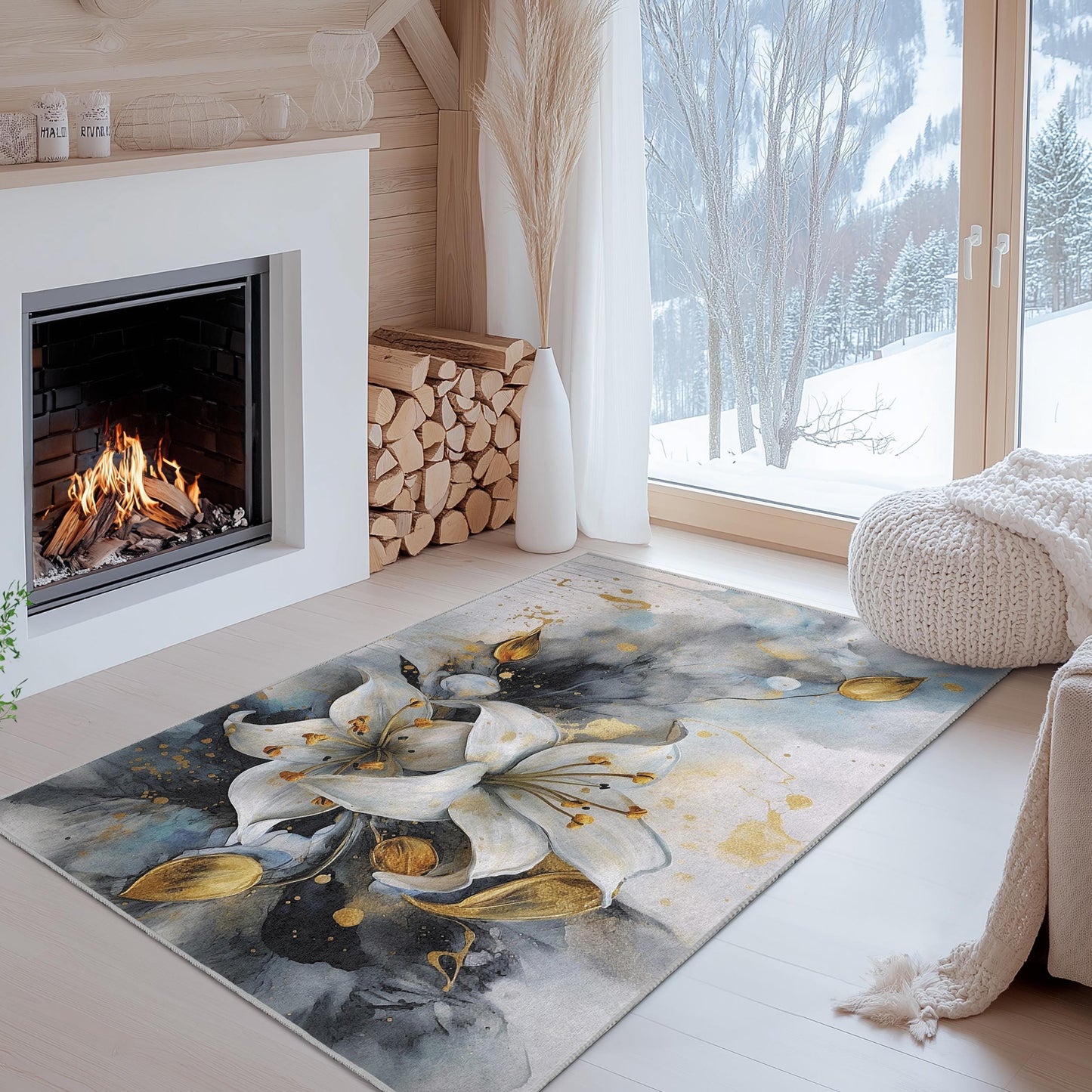 Elegant Floral Rectangular Area Rug | Luxurious White Lily Design | Modern Home Decor Carpet | Soft and Washable Rug