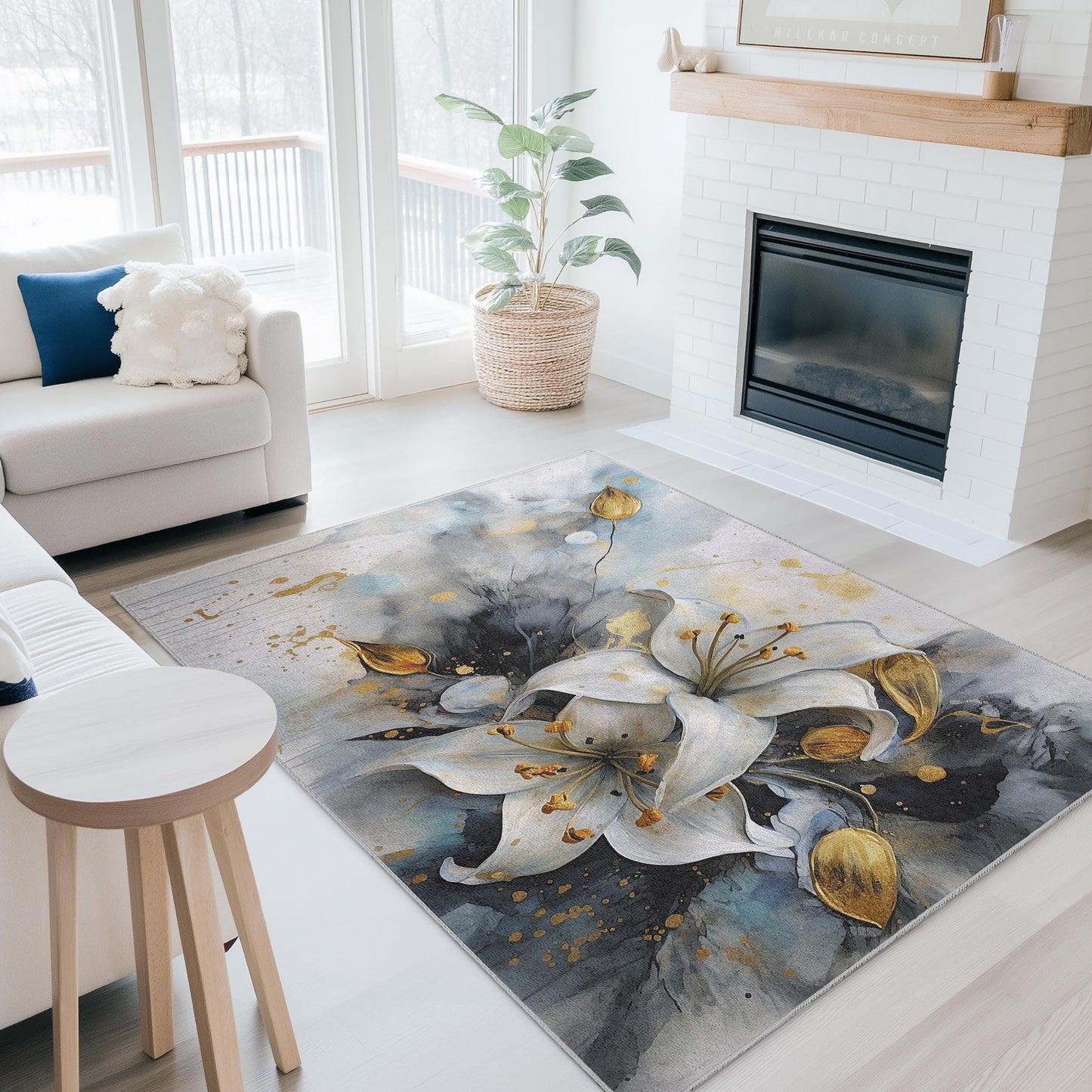 Elegant Floral Rectangular Area Rug | Luxurious White Lily Design | Modern Home Decor Carpet | Soft and Washable Rug