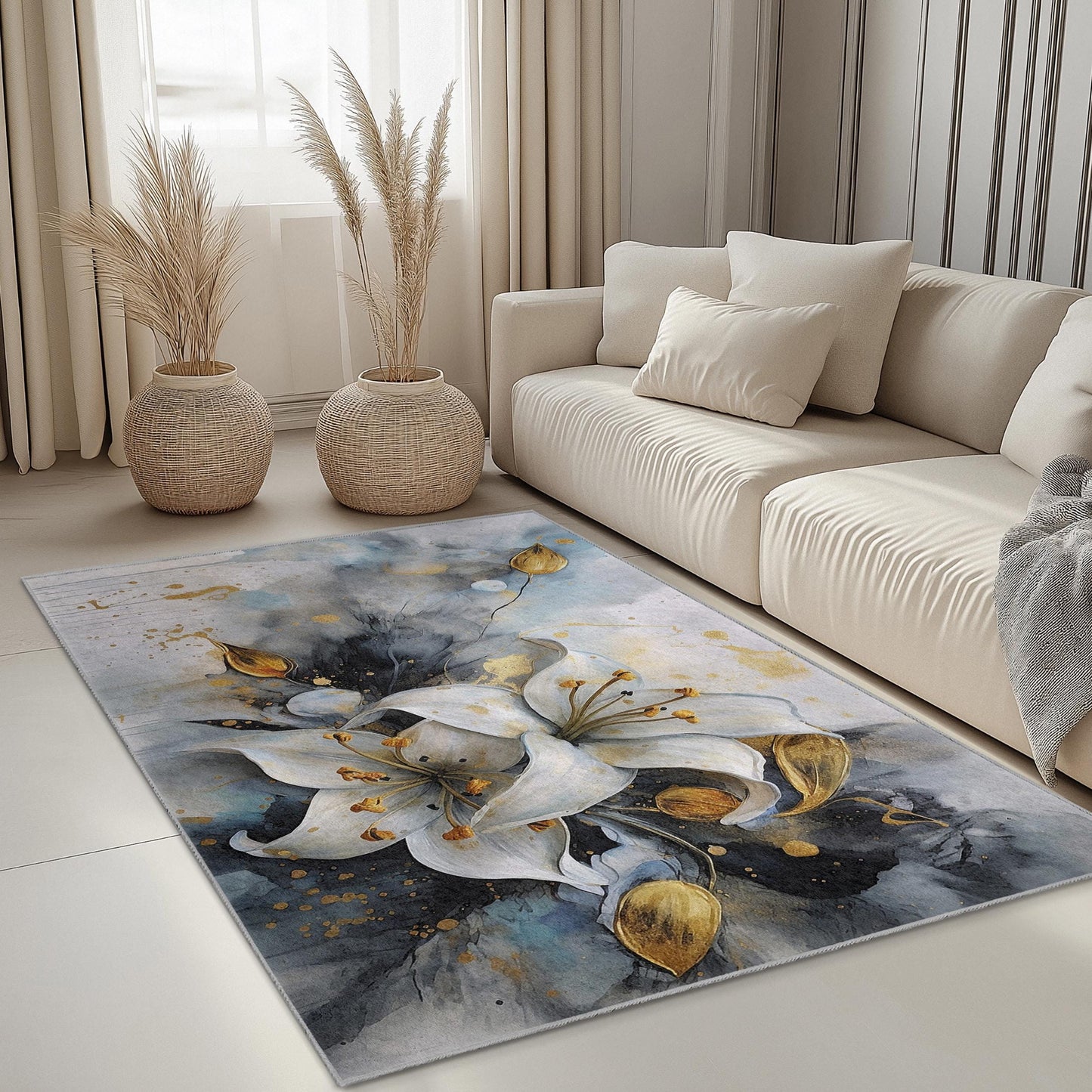 Elegant Floral Rectangular Area Rug | Luxurious White Lily Design | Modern Home Decor Carpet | Soft and Washable Rug