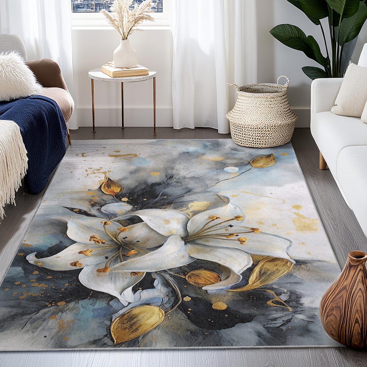 Elegant Floral Rectangular Area Rug | Luxurious White Lily Design | Modern Home Decor Carpet | Soft and Washable Rug