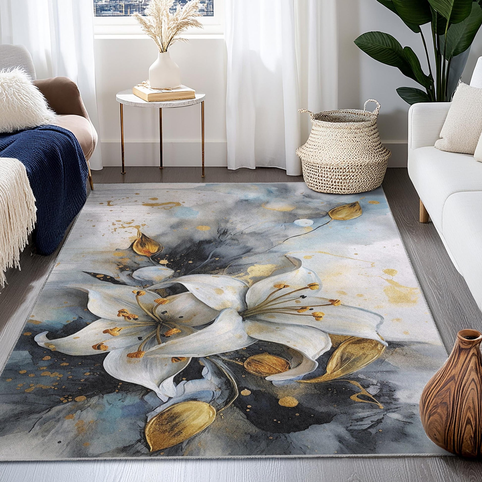 Elegant Floral Rectangular Area Rug | Luxurious White Lily Design | Modern Home Decor Carpet | Soft and Washable Rug