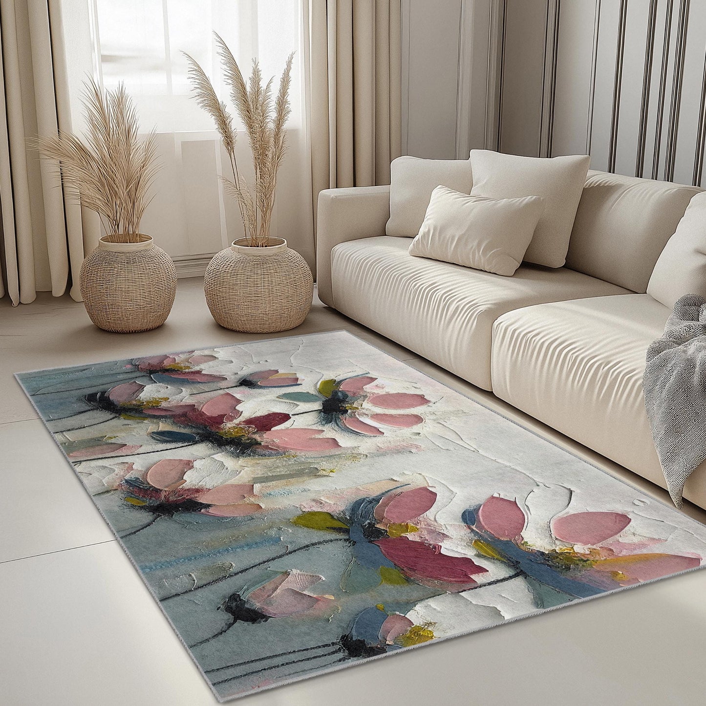 Vibrant Flower Design Carpet | Floral Impressionist Rectangular Area Rug | Soft Cotton Home Decor | Elegant Indoor Mat