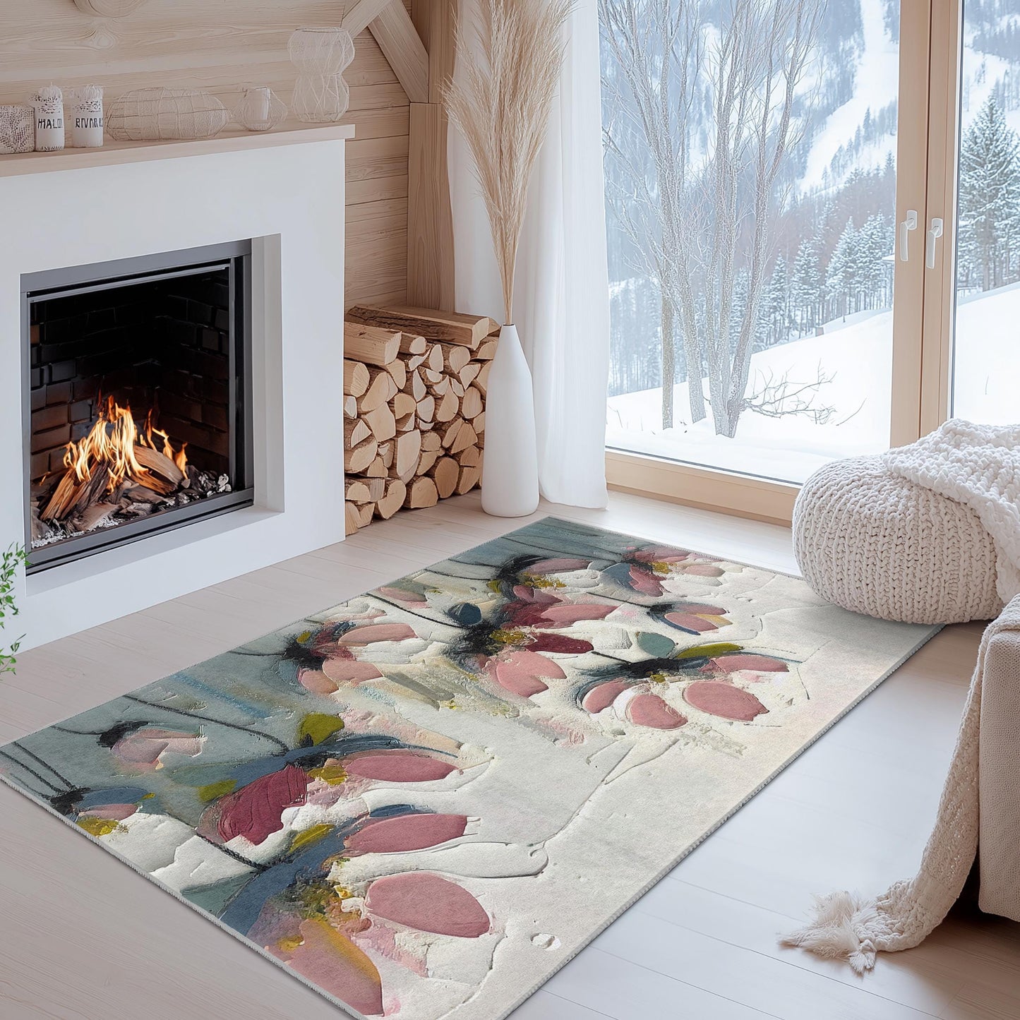 Vibrant Flower Design Carpet | Floral Impressionist Rectangular Area Rug | Soft Cotton Home Decor | Elegant Indoor Mat