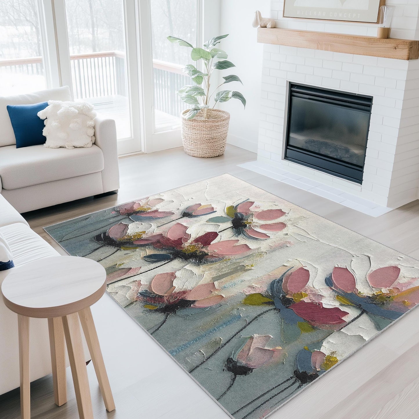 Vibrant Flower Design Carpet | Floral Impressionist Rectangular Area Rug | Soft Cotton Home Decor | Elegant Indoor Mat