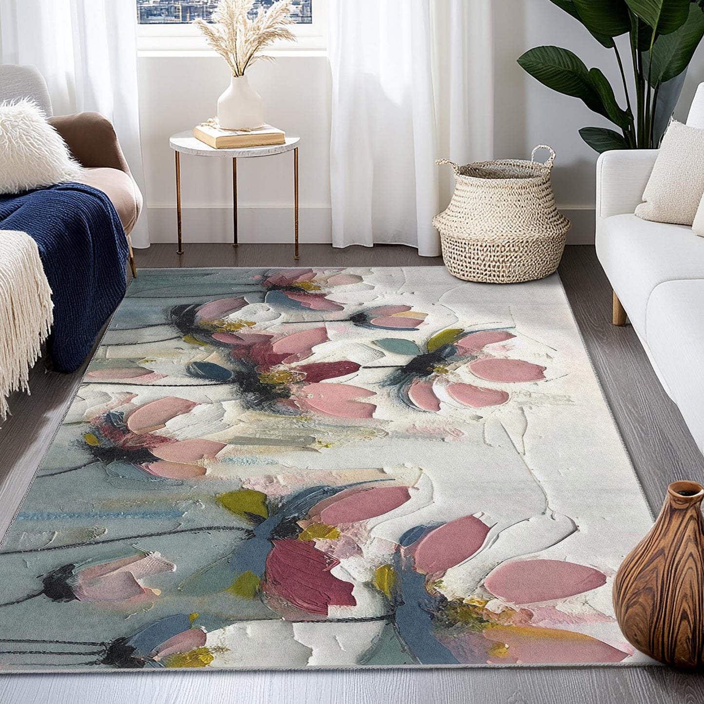 Vibrant Flower Design Carpet | Floral Impressionist Rectangular Area Rug | Soft Cotton Home Decor | Elegant Indoor Mat