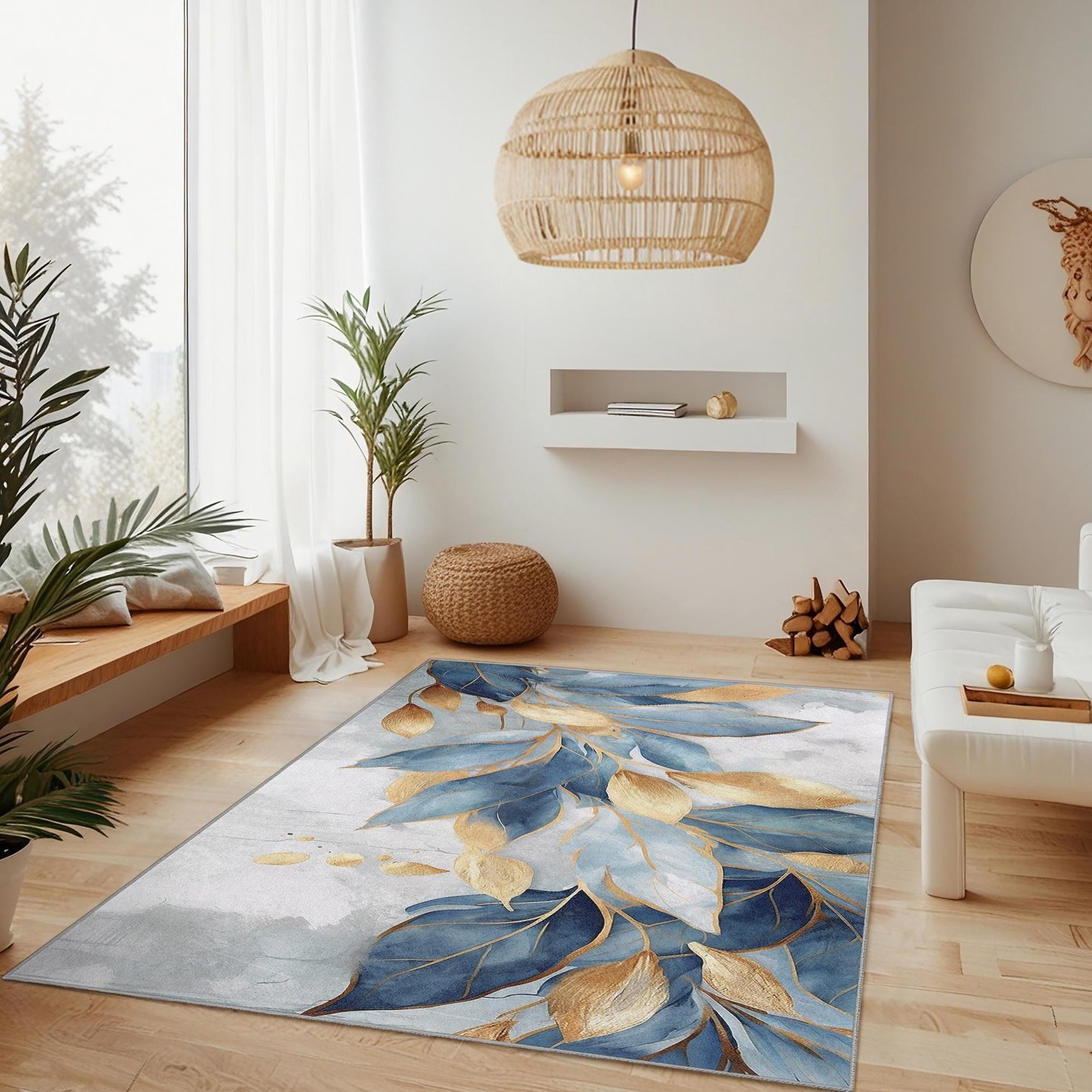 Modern Abstract Area Carpet | Elegant Blue and Gold Leaf Design Rectangle Rug | Soft and Washable Home Decor