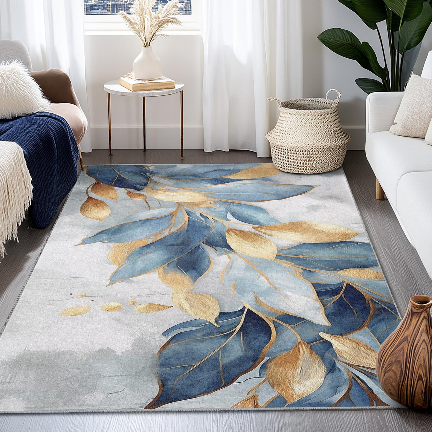 Modern Abstract Area Carpet | Elegant Blue and Gold Leaf Design Rectangle Rug | Soft and Washable Home Decor