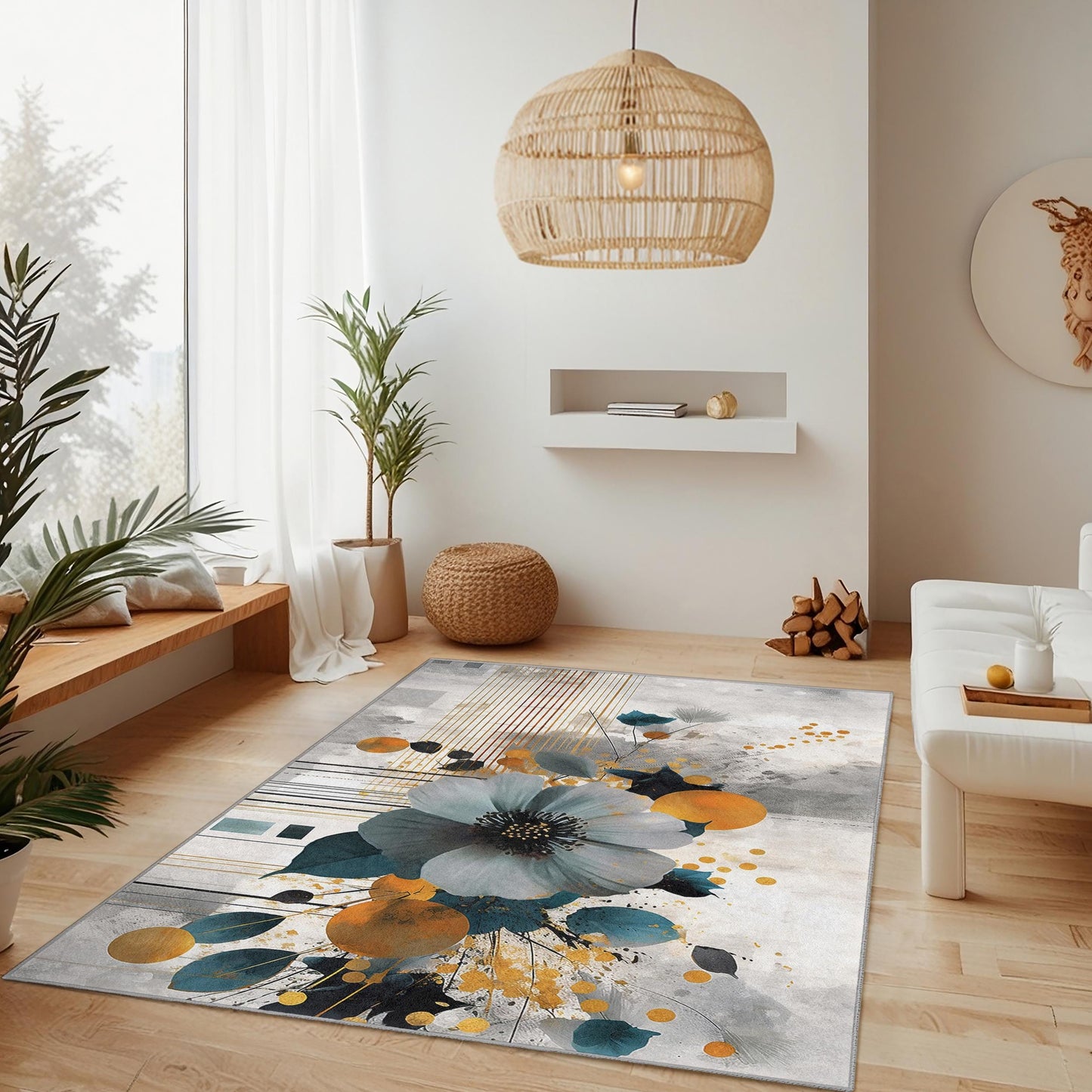 Floral Abstract Design Rectangular Area Rug | Modern Home Decor Carpet | Stylish Living Room Mat | Elegant Flower Print Rug