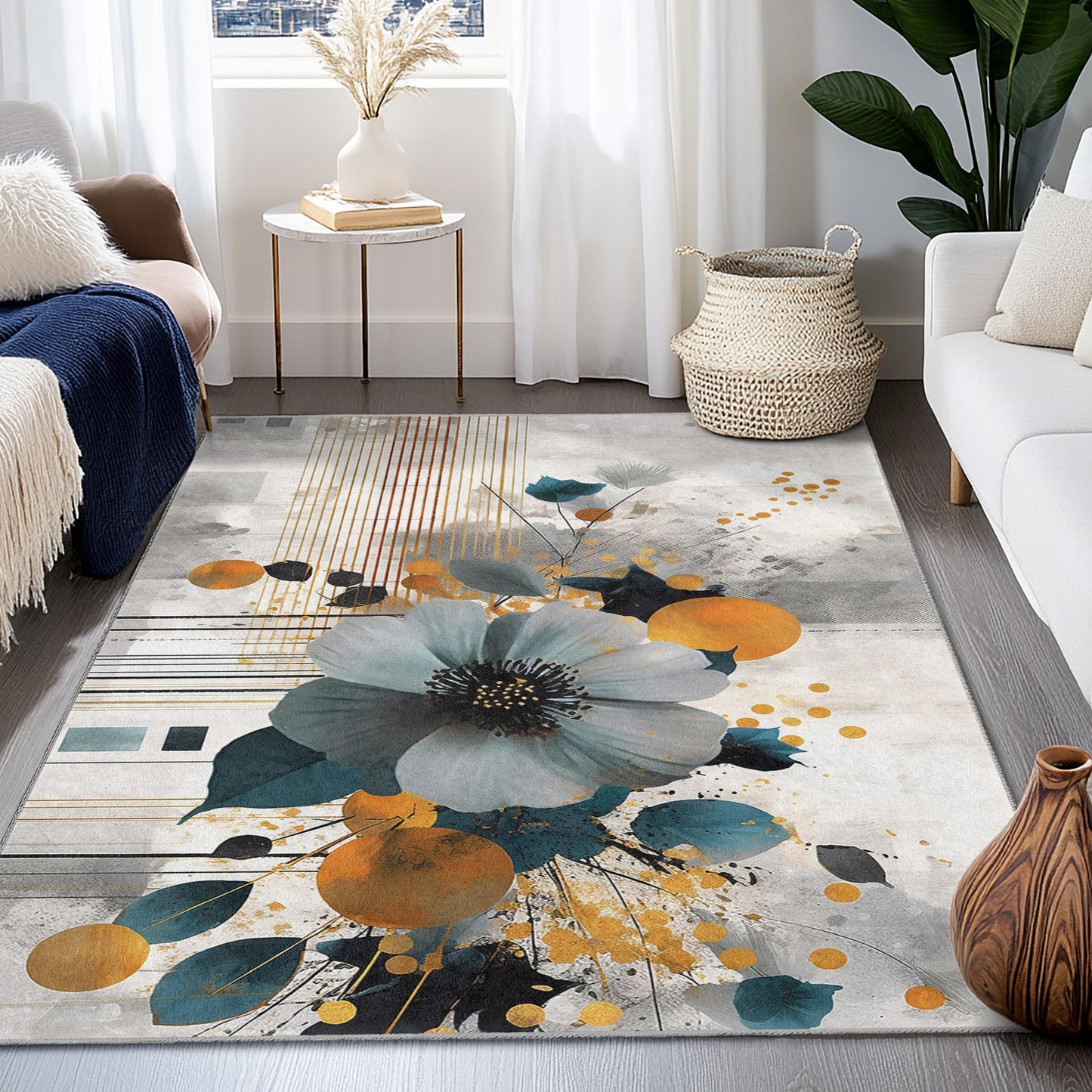 Floral Abstract Design Rectangular Area Rug | Modern Home Decor Carpet | Stylish Living Room Mat | Elegant Flower Print Rug