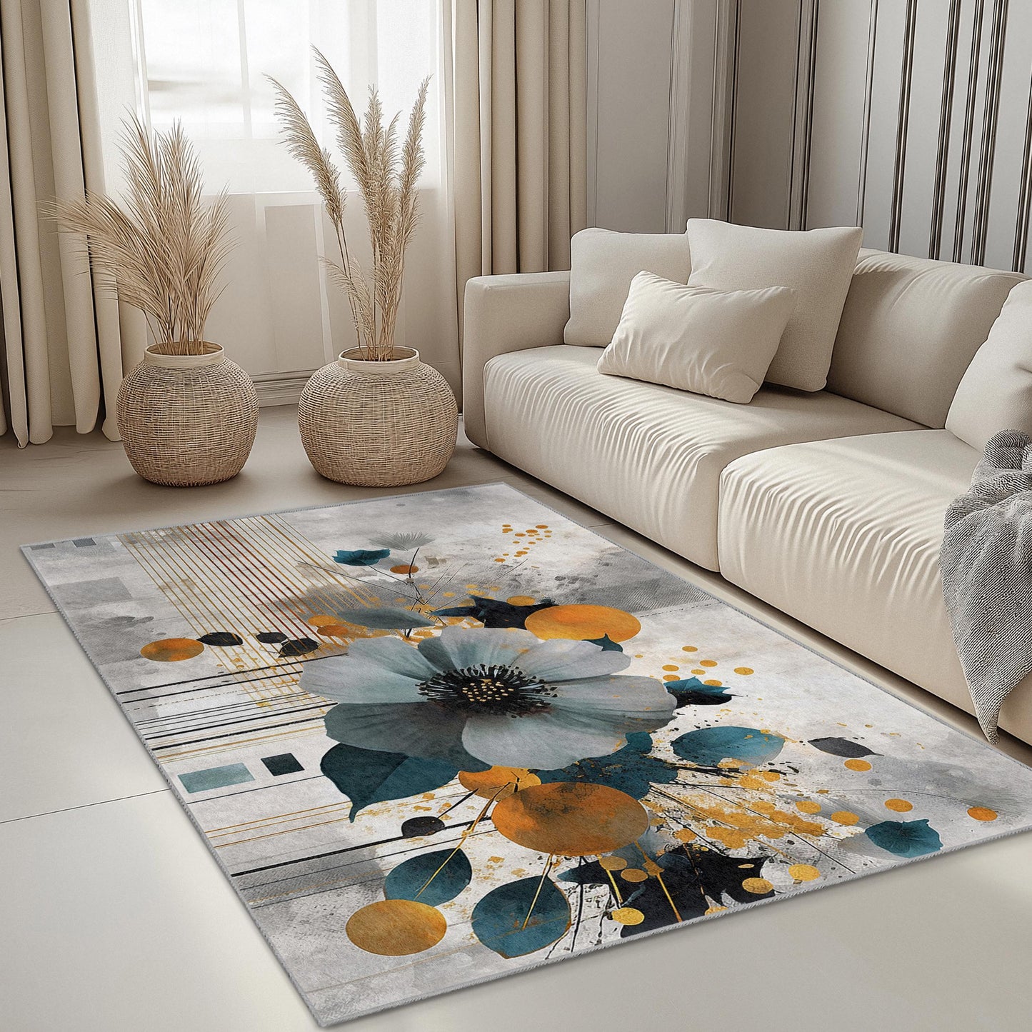 Floral Abstract Design Rectangular Area Rug | Modern Home Decor Carpet | Stylish Living Room Mat | Elegant Flower Print Rug