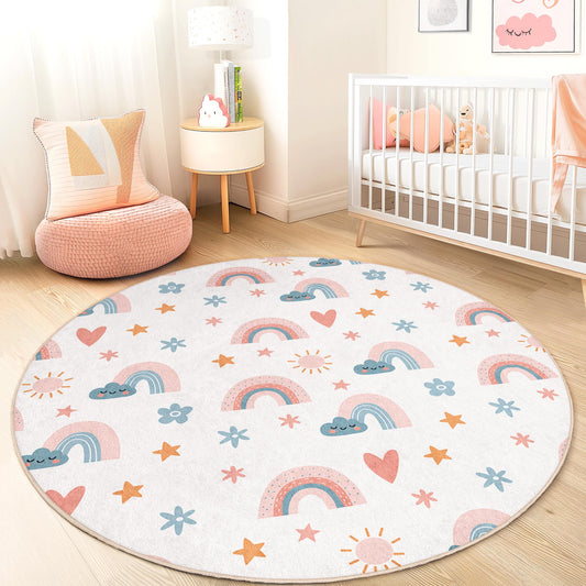 Rainbow Cloud Playful Round Kids Rug, Colorful Nursery Carpet, Cute Baby Room Decor, Playroom Rug, Soft Play Mat for Kids