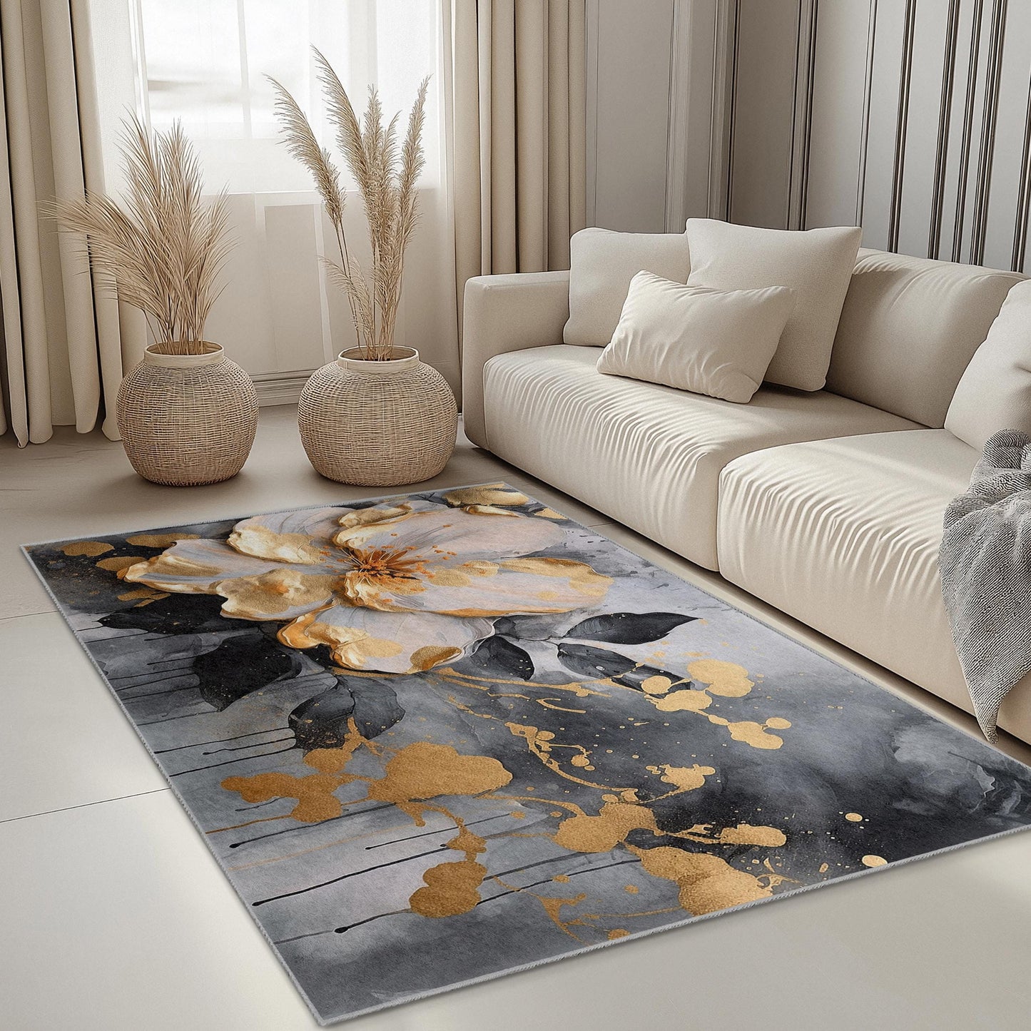 Gold and Black Flower Design | Elegant Floral Art Rectangular Rug | Decorative Carpet for Living Room or Bedroom