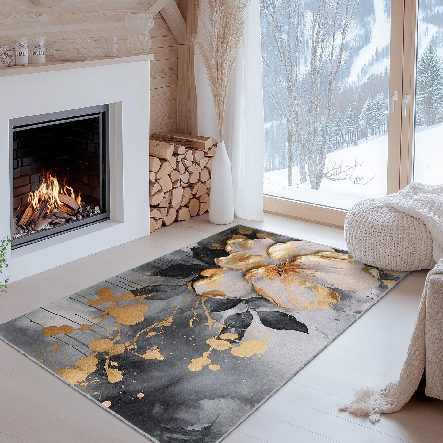 Gold and Black Flower Design | Elegant Floral Art Rectangular Rug | Decorative Carpet for Living Room or Bedroom