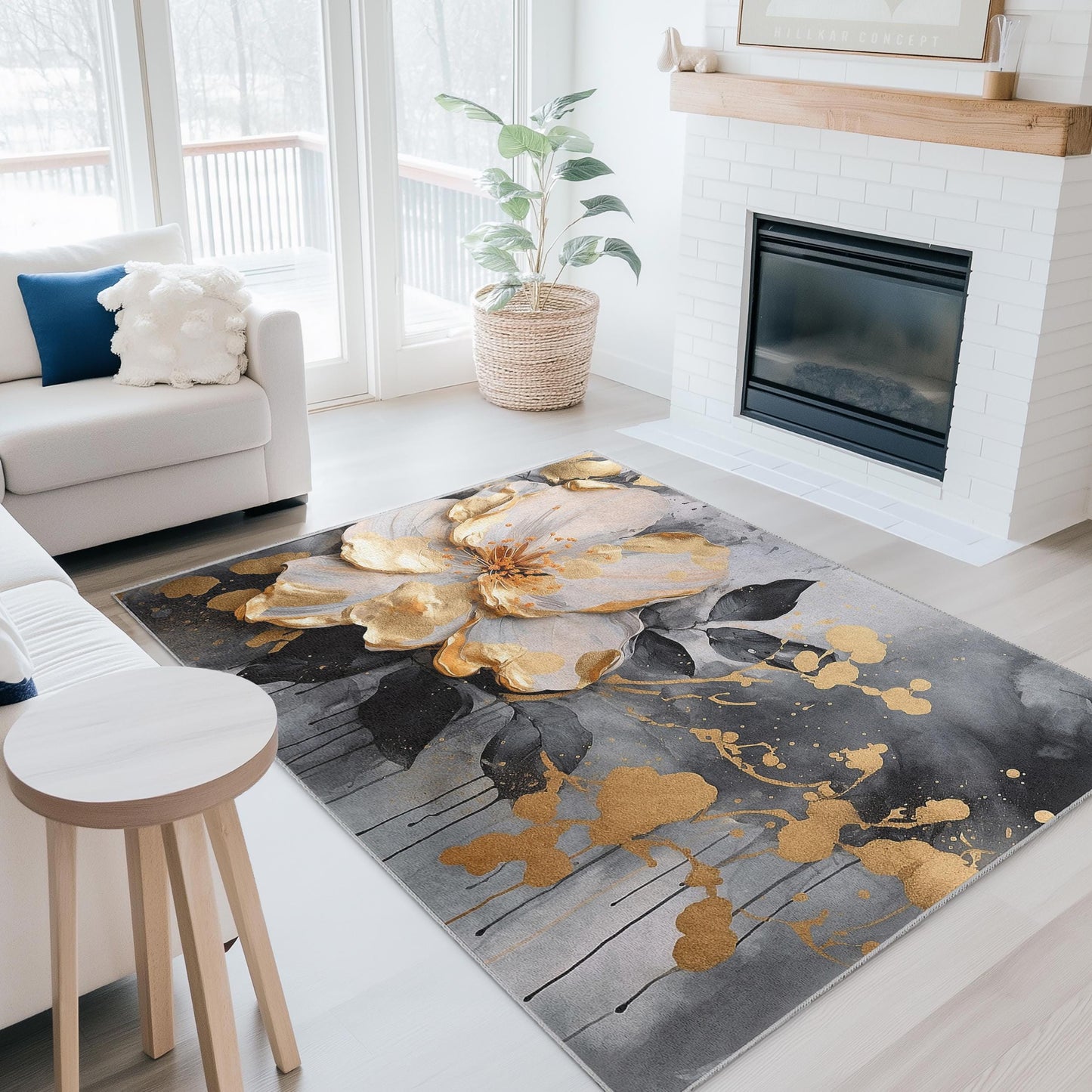 Gold and Black Flower Design | Elegant Floral Art Rectangular Rug | Decorative Carpet for Living Room or Bedroom