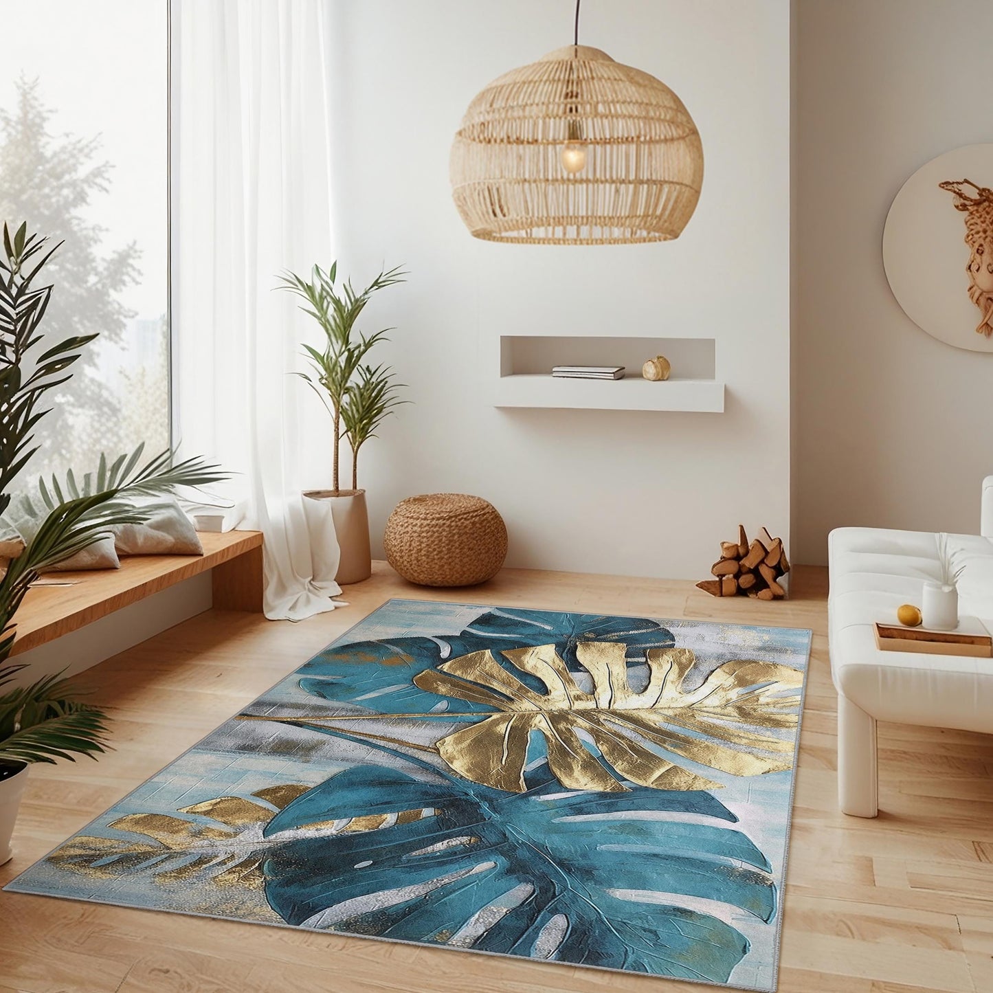 Tropical Monstera Leaf Round Rug | Stylish Boho Decor for Living Room | Soft Washable Area Carpet | Elegant Home Accent