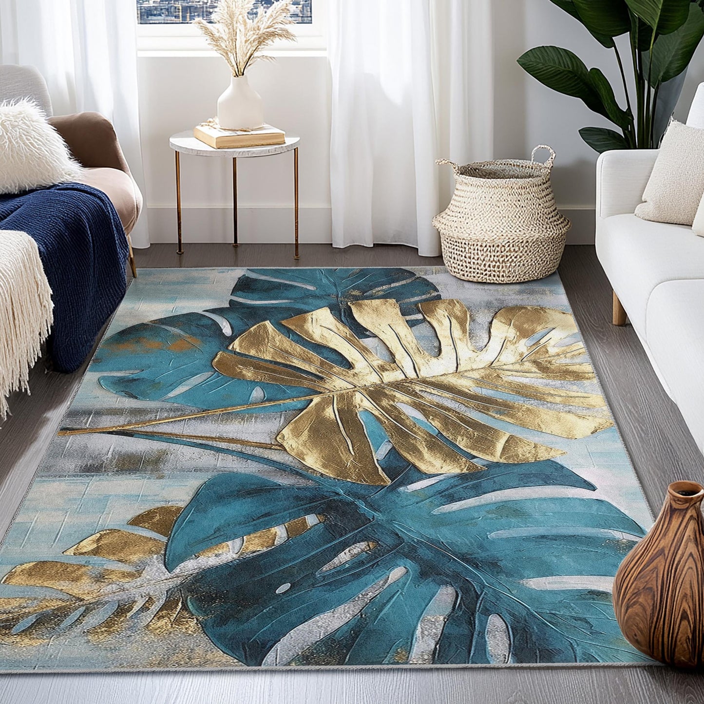 Tropical Monstera Leaf Round Rug | Stylish Boho Decor for Living Room | Soft Washable Area Carpet | Elegant Home Accent