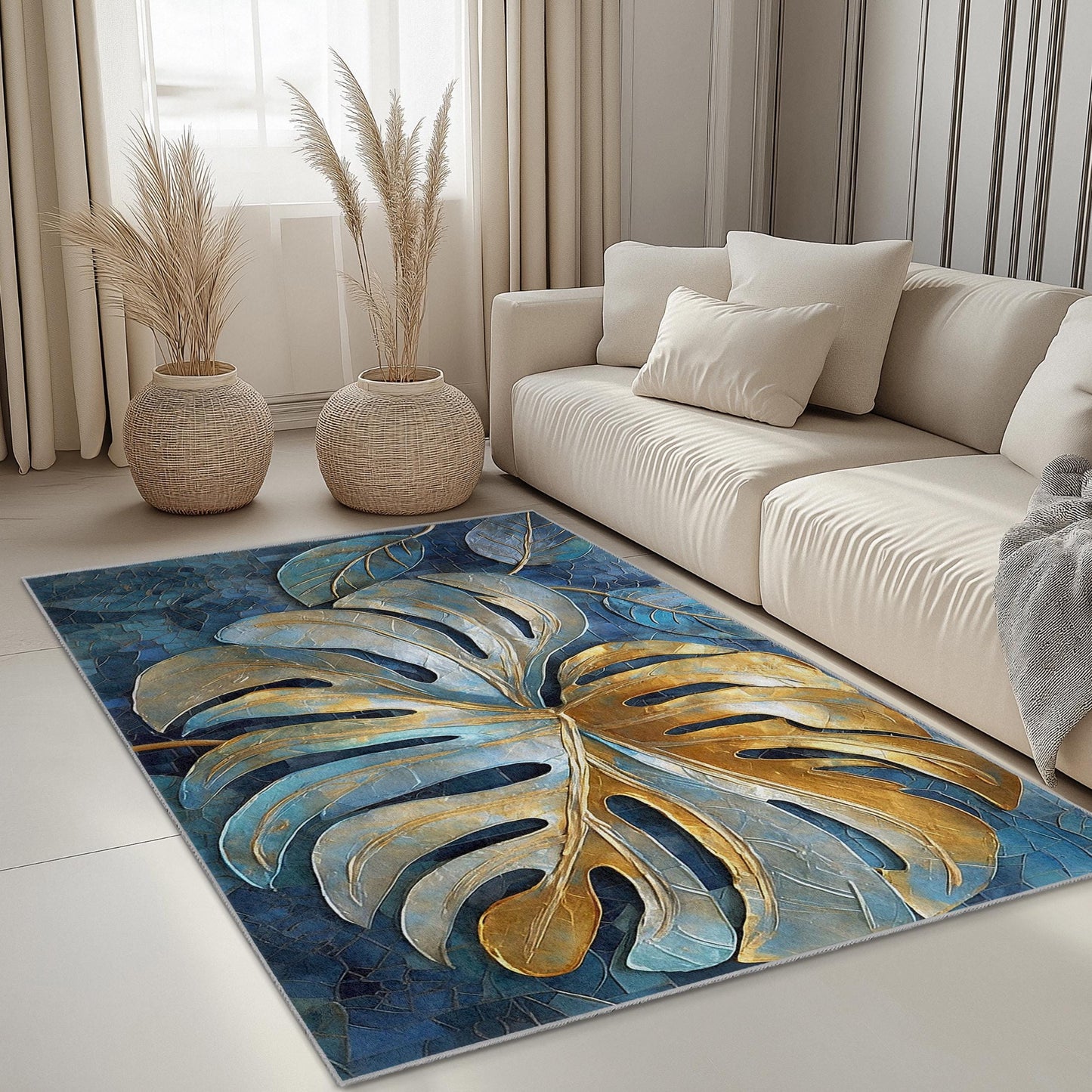 Elegant Gold and Blue Monstera Leaf Rectangular Rug | Tropical Home Decor | Stylish Area Carpet for Living Room
