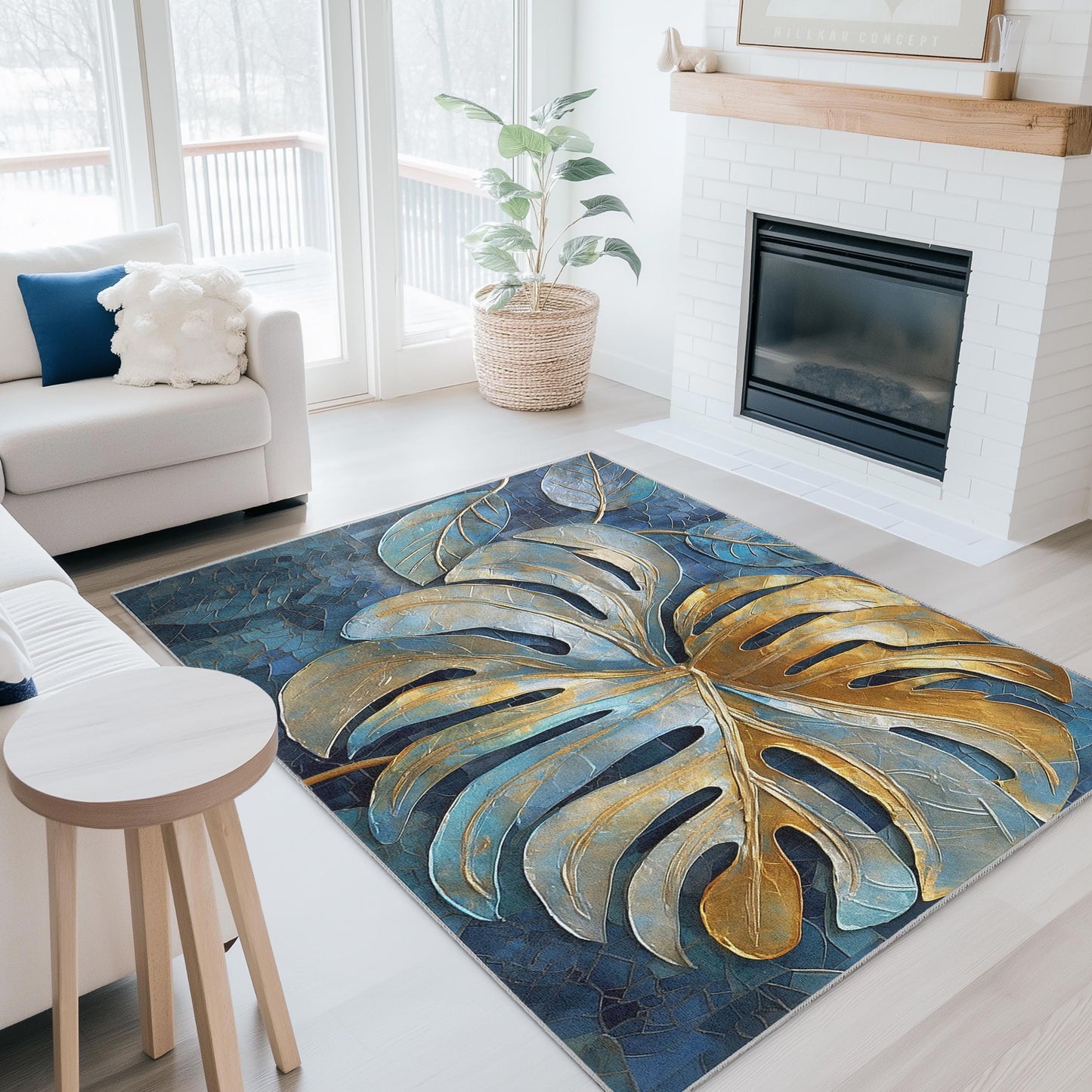 Elegant Gold and Blue Monstera Leaf Rectangular Rug | Tropical Home Decor | Stylish Area Carpet for Living Room
