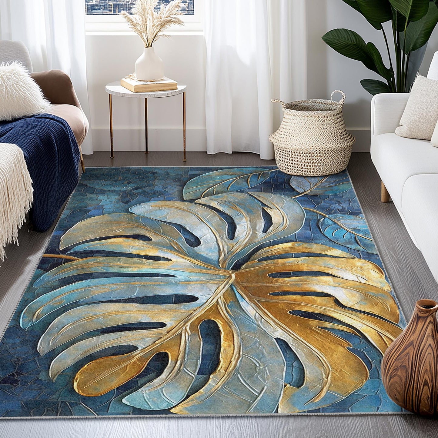 Elegant Gold and Blue Monstera Leaf Rectangular Rug | Tropical Home Decor | Stylish Area Carpet for Living Room