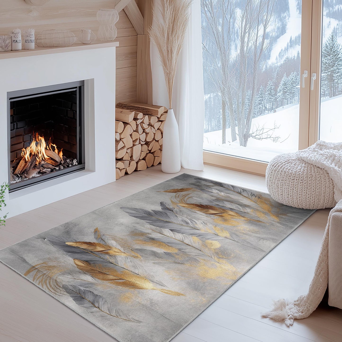 Elegant Feather Design Rectangular Area Rug | Modern Gold and Gray Home Decor | Stylish Living Room Carpet | Soft Washable Floor Mat