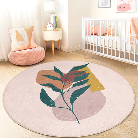 Abstract Leaf Pattern Round Kids Room Rug, Modern Floral Round Carpet, Playroom Decor, Nursery Area Rug, Soft Round Mat