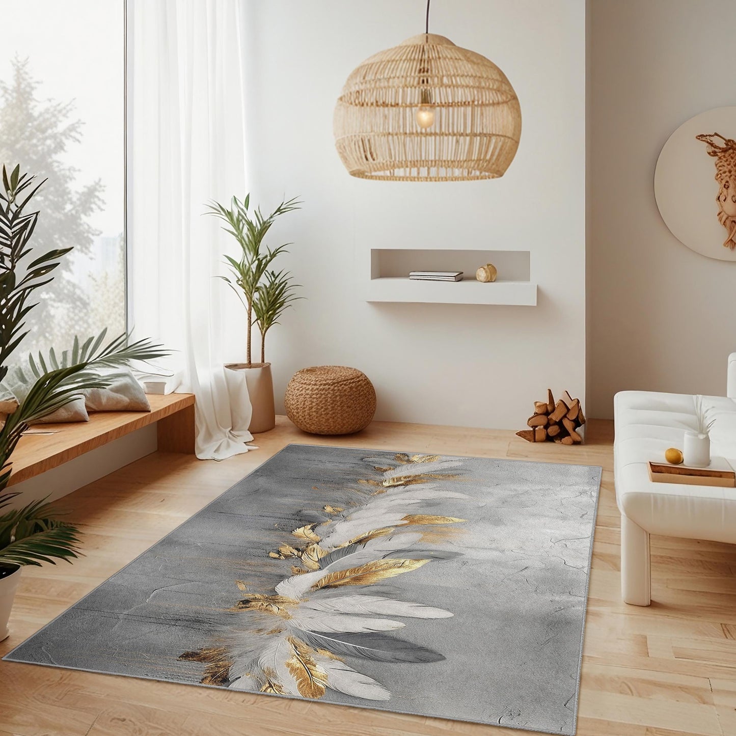 Elegant Feather Design Rectangular Rug | Luxurious Gold and White Carpet | Modern Home Dcor | Stylish Area Rug