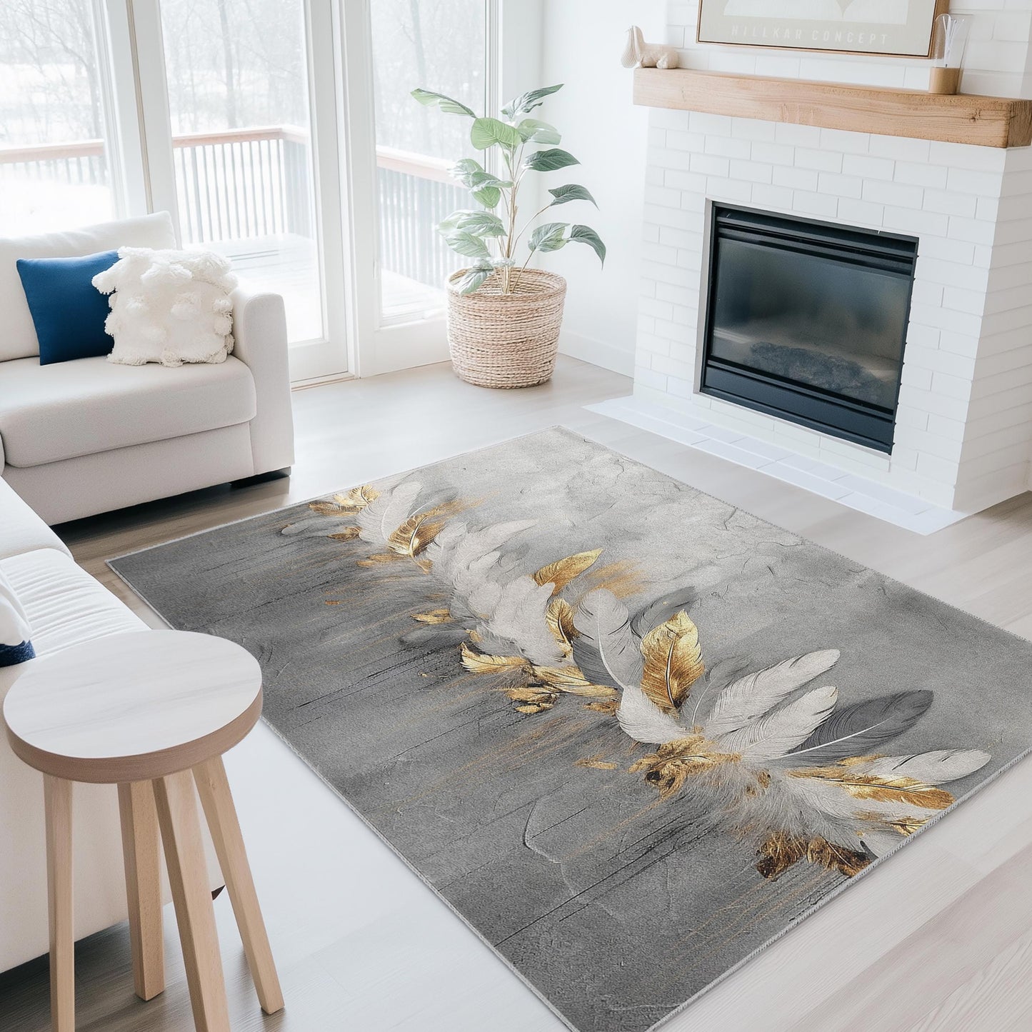 Elegant Feather Design Rectangular Rug | Luxurious Gold and White Carpet | Modern Home Dcor | Stylish Area Rug