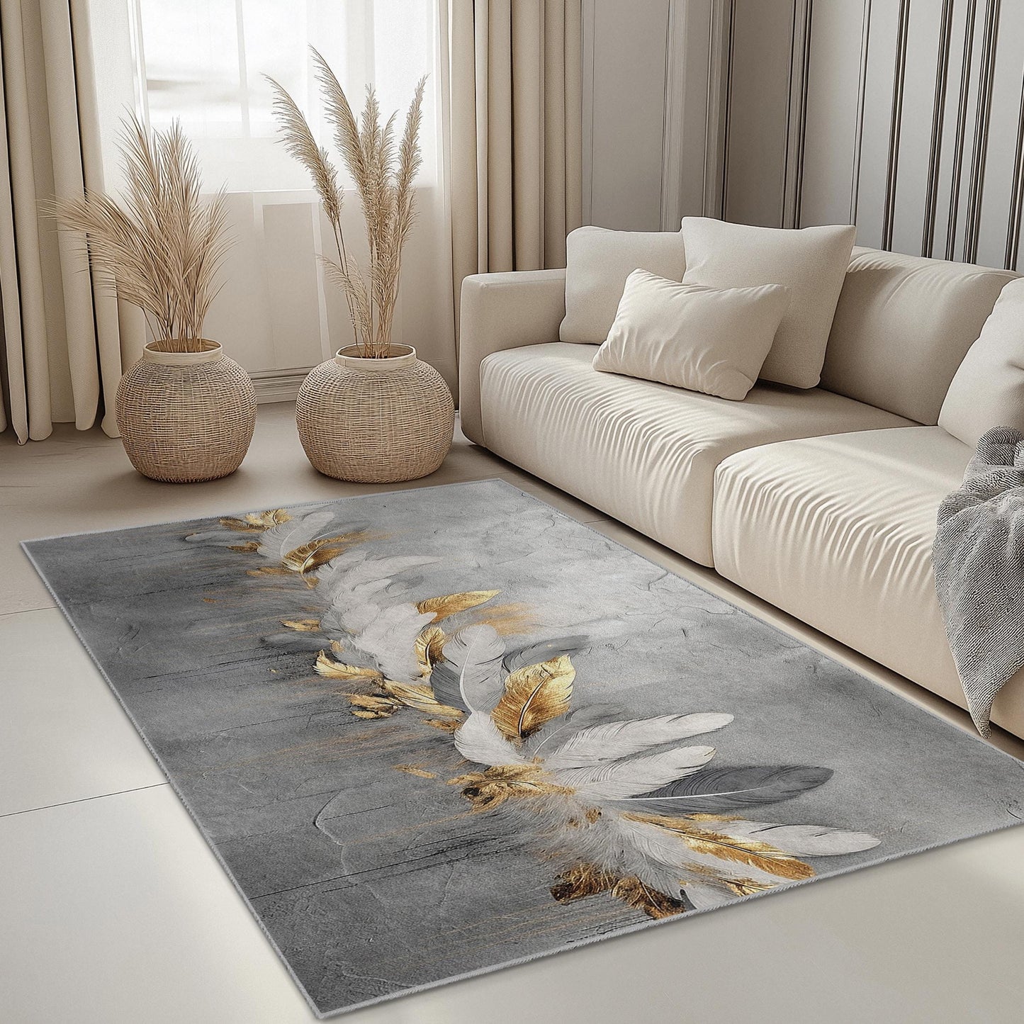 Elegant Feather Design Rectangular Rug | Luxurious Gold and White Carpet | Modern Home Dcor | Stylish Area Rug