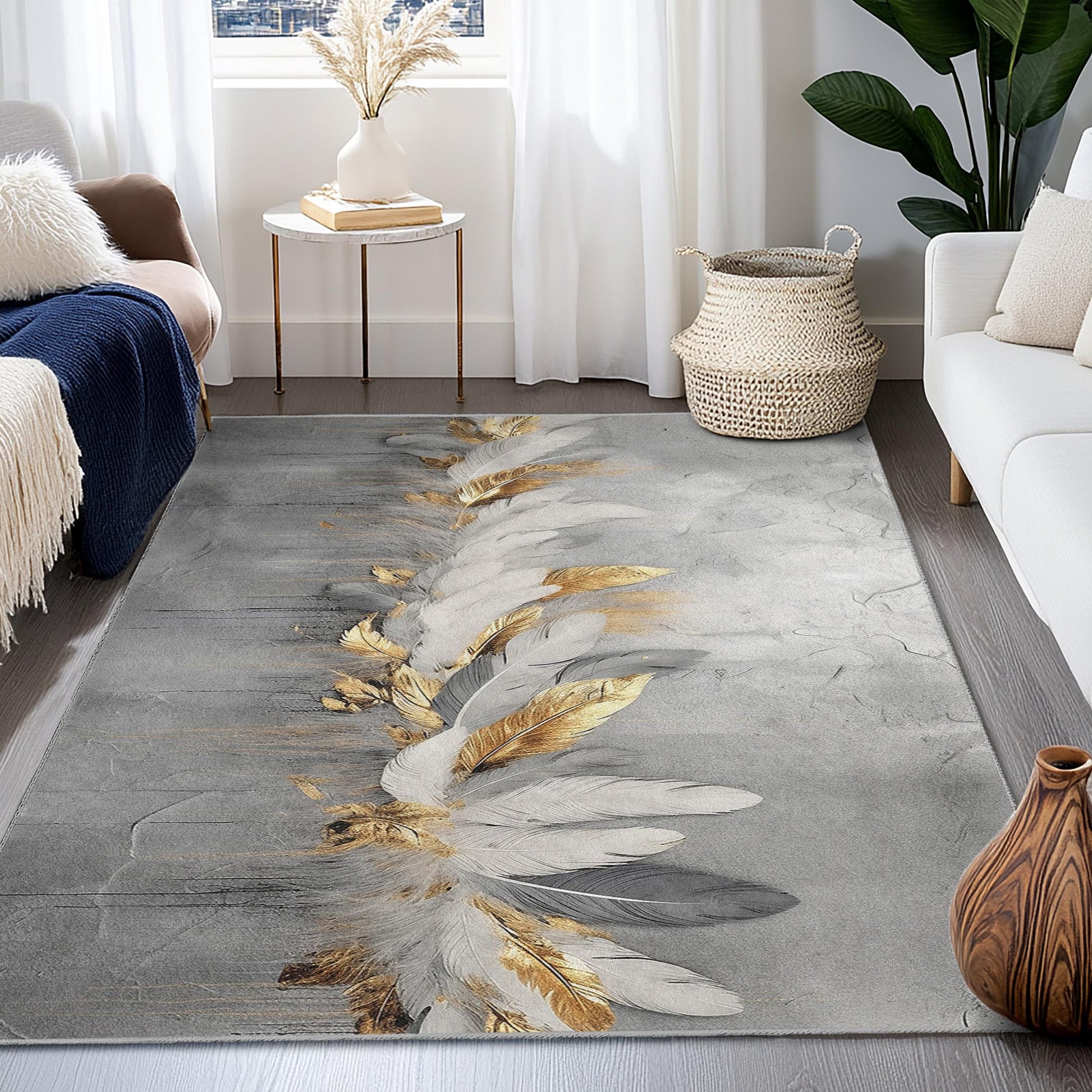 Elegant Feather Design Rectangular Rug | Luxurious Gold and White Carpet | Modern Home Dcor | Stylish Area Rug