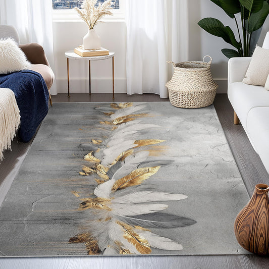 Elegant Feather Design Rectangular Rug | Luxurious Gold and White Carpet | Modern Home Dcor | Stylish Area Rug