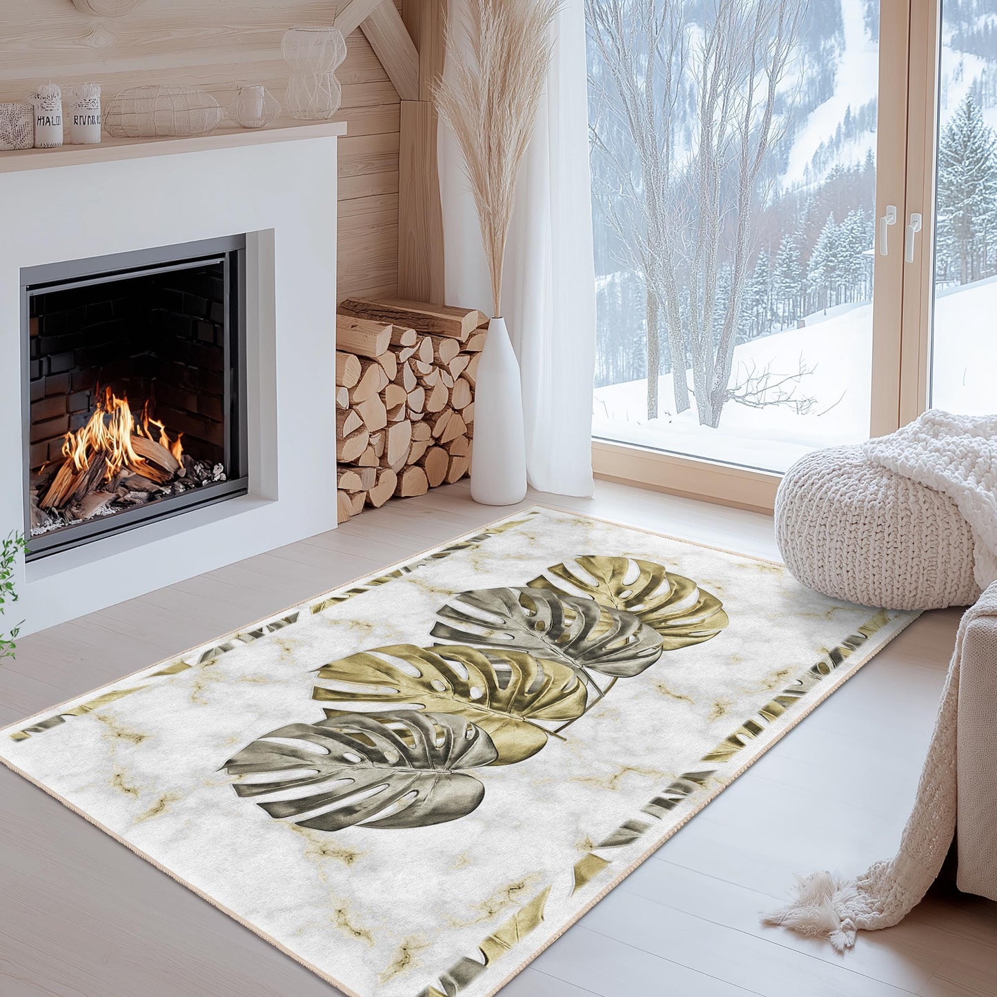 Elegant Monstera Leaves Rectangular Rug | Marble Pattern Carpet for Living Room | Luxurious Home Decor | Stylish Botanical Area Mat