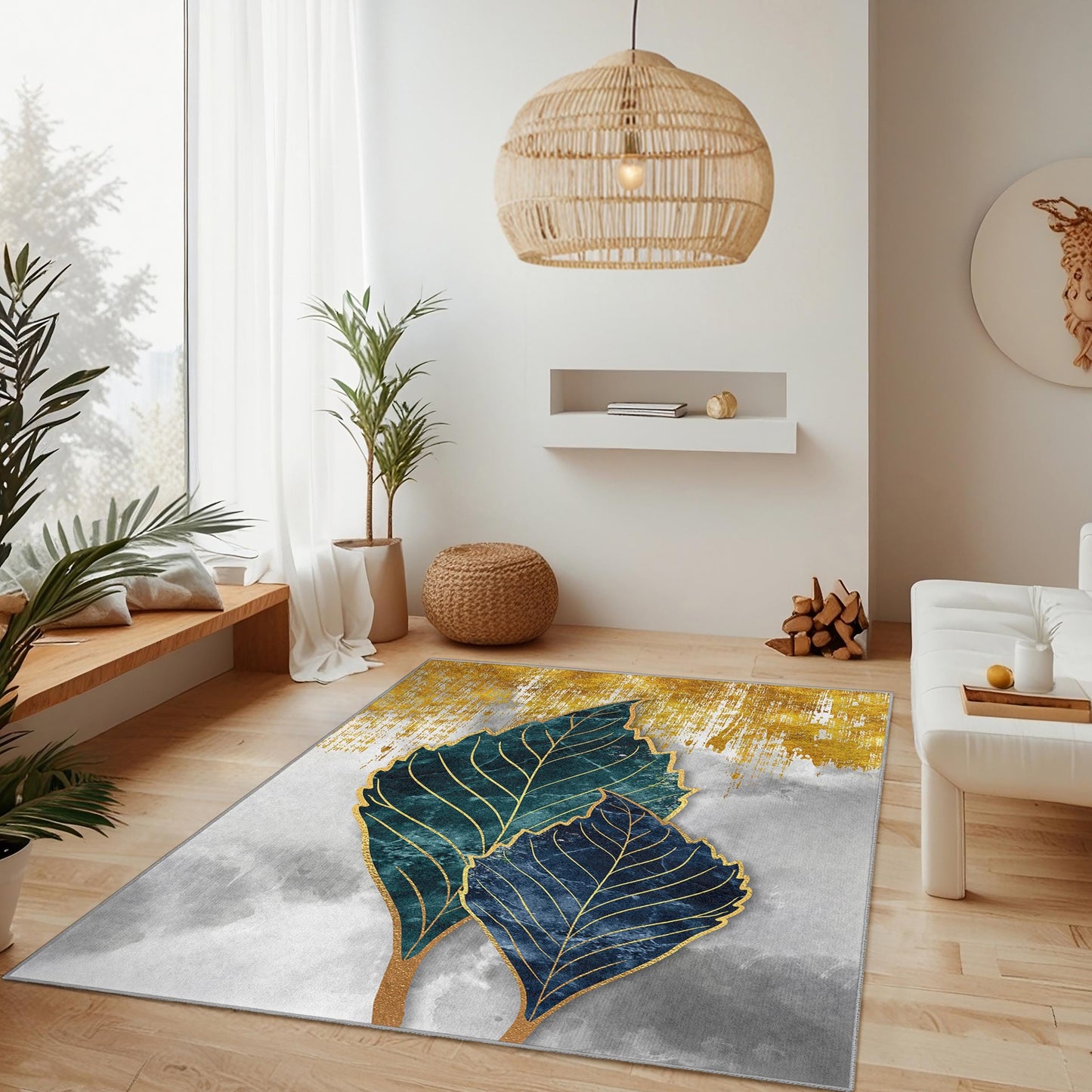 Elegant Blue and Gold Leaf Design Rectangular Area Rug | Modern Botanical Floor Mat | Luxury Home Decor | Soft Cotton Carpet