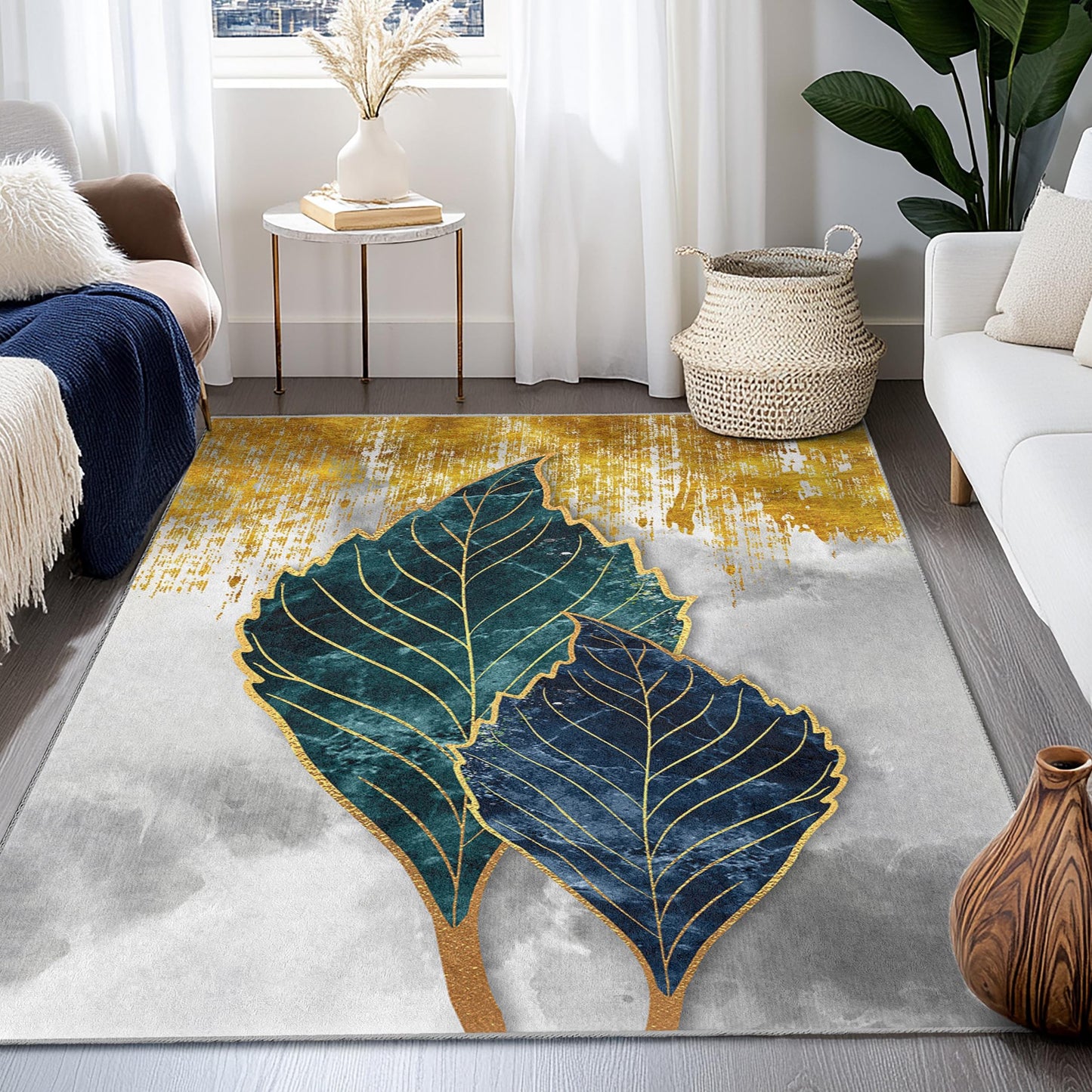 Elegant Blue and Gold Leaf Design Rectangular Area Rug | Modern Botanical Floor Mat | Luxury Home Decor | Soft Cotton Carpet