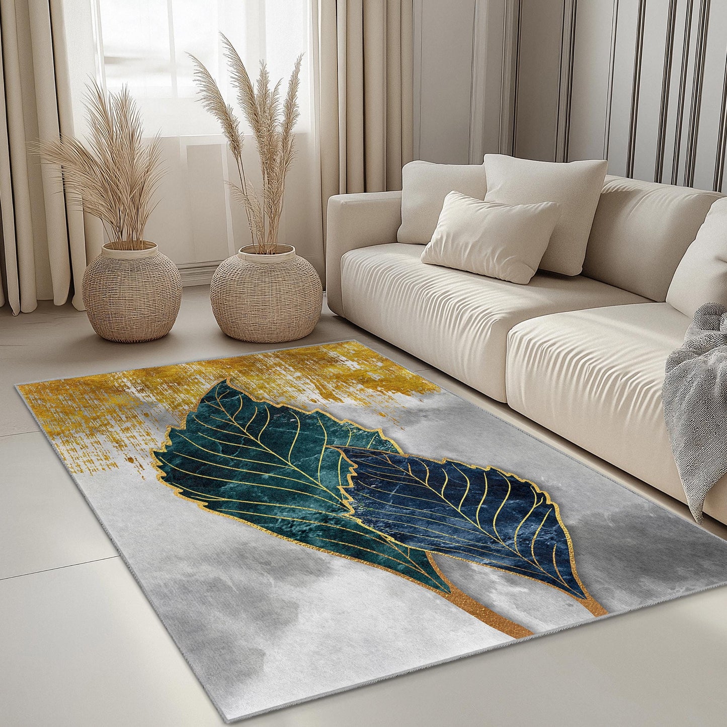 Elegant Blue and Gold Leaf Design Rectangular Area Rug | Modern Botanical Floor Mat | Luxury Home Decor | Soft Cotton Carpet