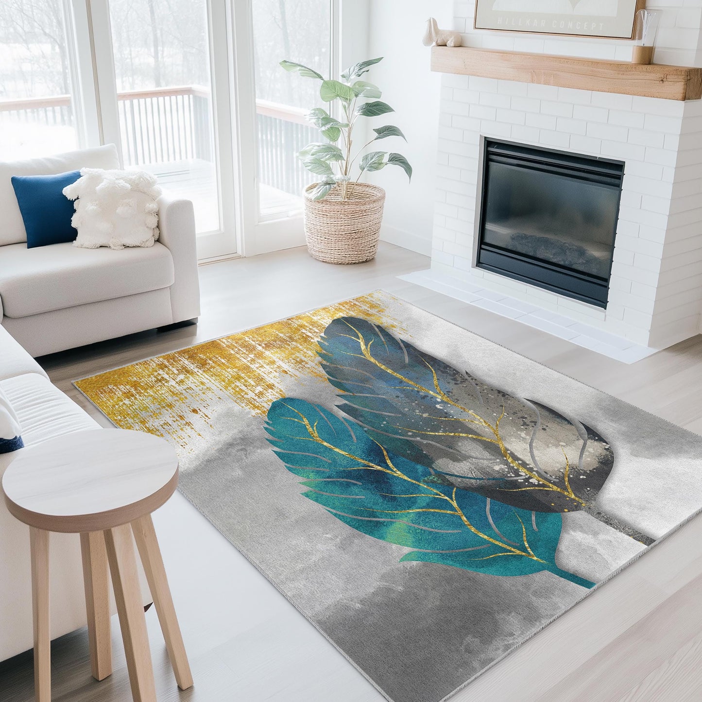 Feather Leaves Design Washable Rectangle Rug | Elegant Botanical Leaf Carpet | Soft Home Decor | Unique Living Room Mat