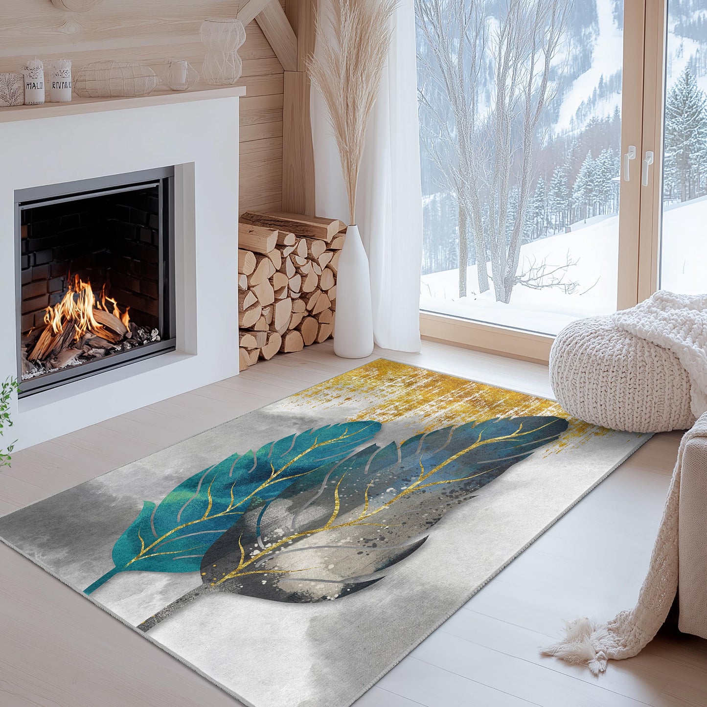 Feather Leaves Design Washable Rectangle Rug | Elegant Botanical Leaf Carpet | Soft Home Decor | Unique Living Room Mat