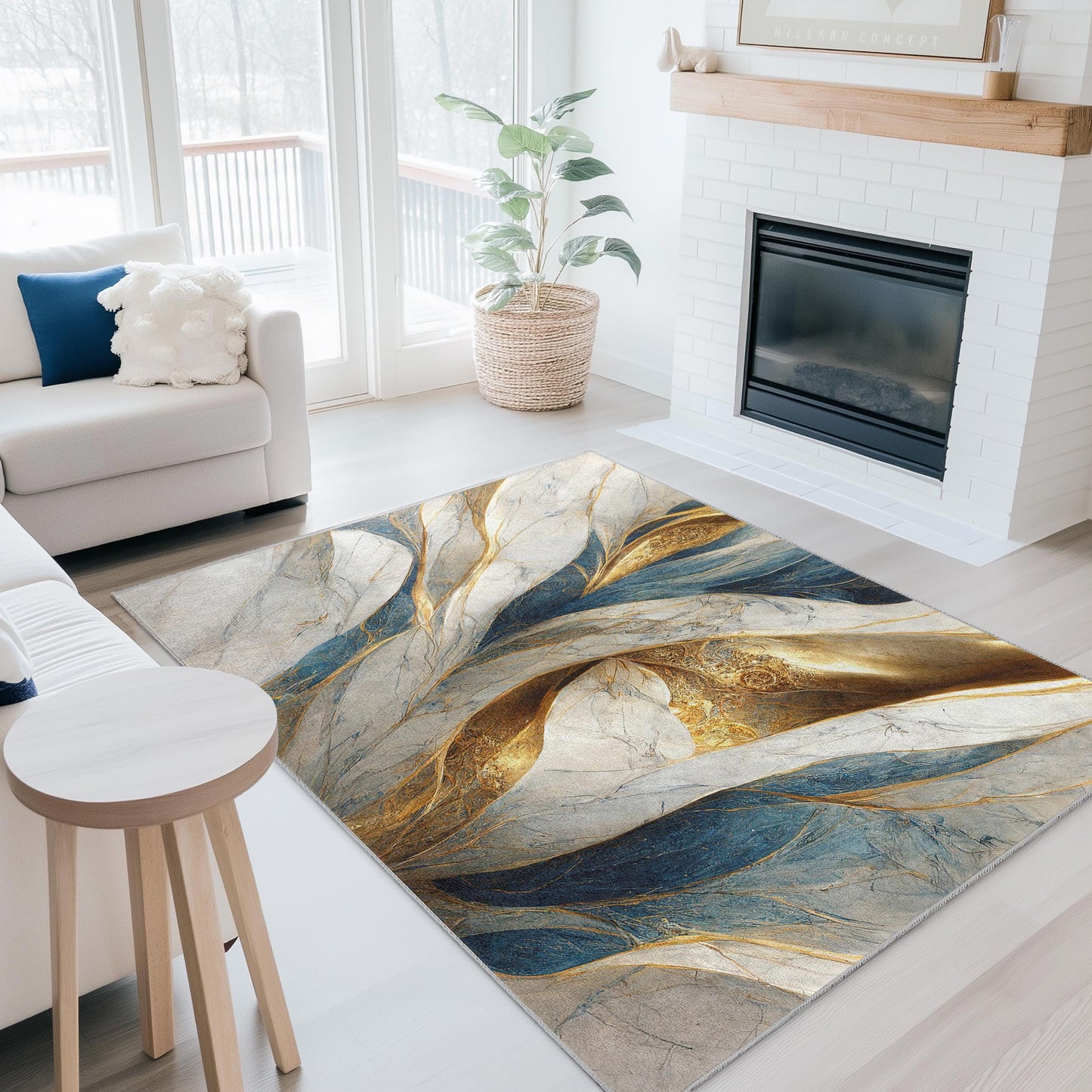 Elegant Blue and Gold Abstract Rectangular Area Rug | Luxurious Modern Home Decor | Soft and Washable Carpet for Living Room