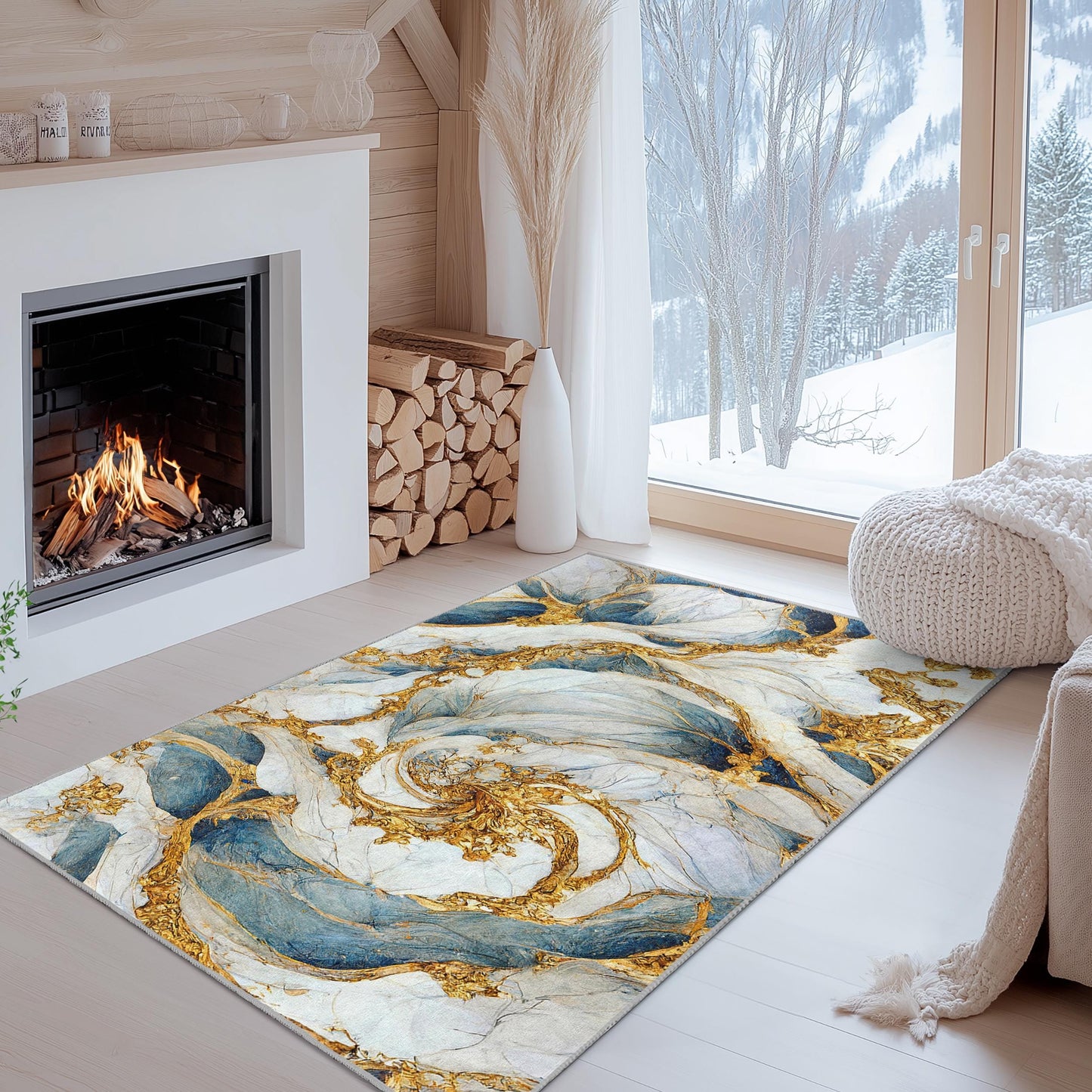 Elegant Blue and Gold Abstract Rectangle Rug | Modern Home Decor | Luxury Area Carpet for Living Room | Artistic Floor Mat