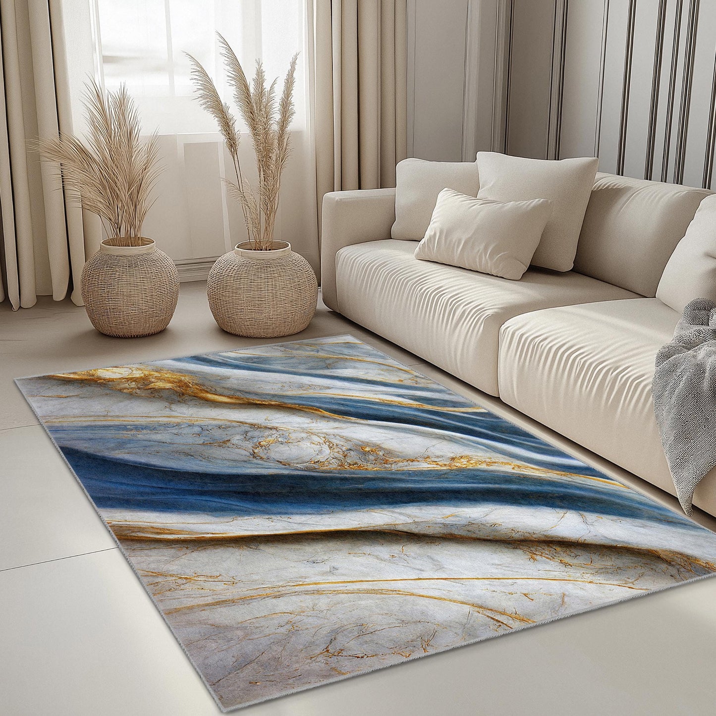 Luxury Blue and Gold Marble Rectangular Rug | Elegant Home Decor Carpet | Soft and Washable Area Rug for Living Room